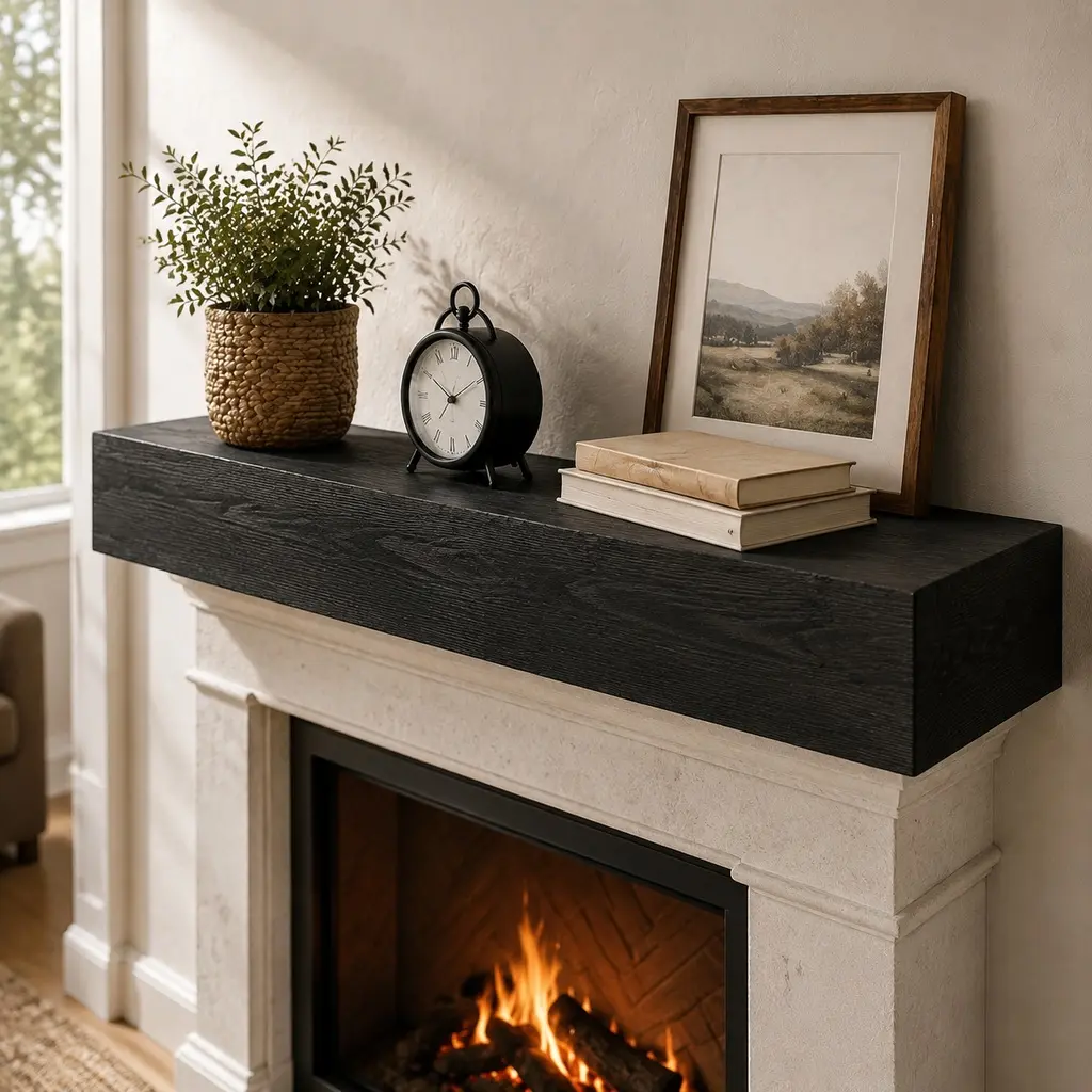 Wall-Mountable Solid Wood-Metal Modern Farmhouse Fireplace Mantle Shelf, 72x9x6 in, Hollow Design, 50lb Capacity, Rustic Home Decor