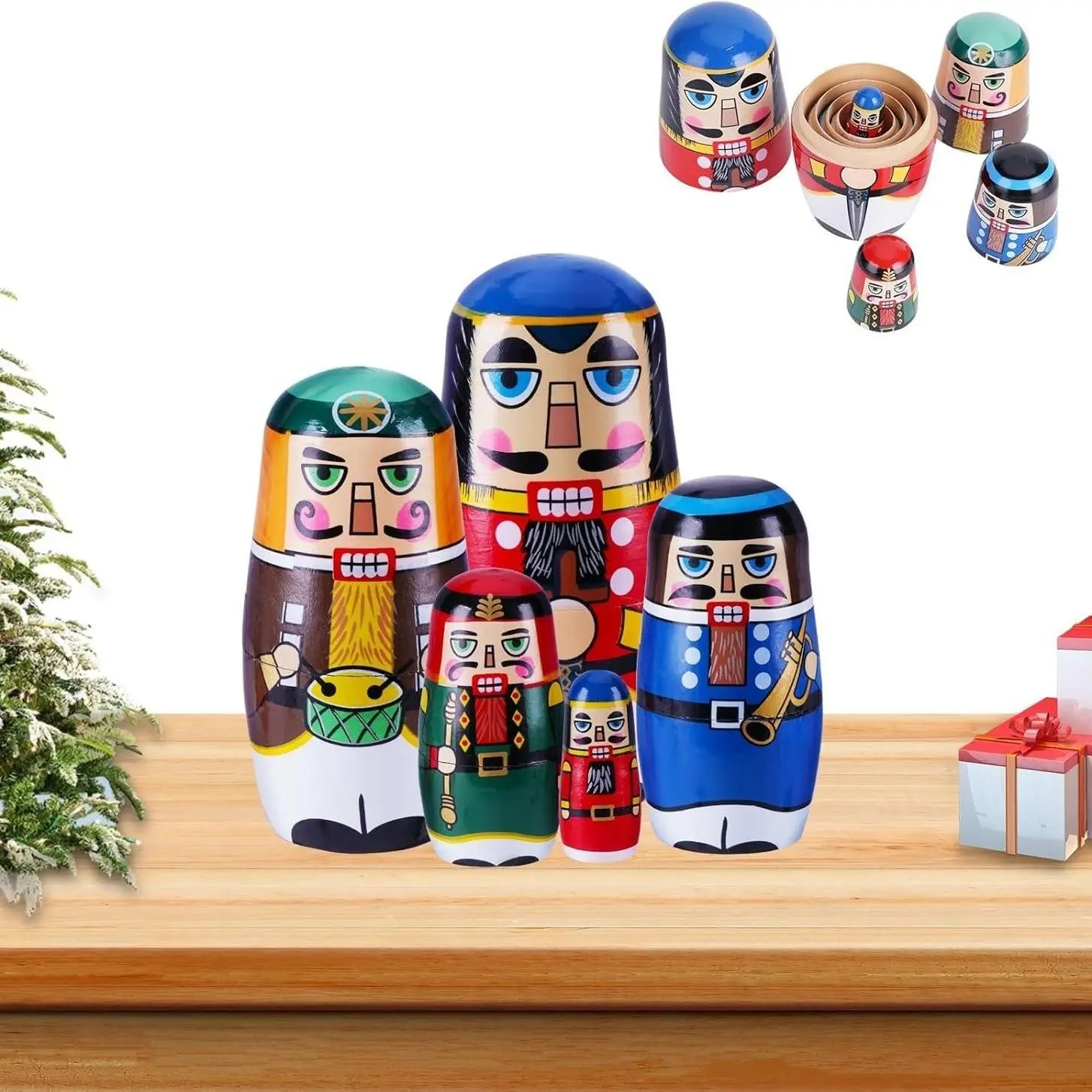 Set of 5 Handmade Russian Nesting Dolls, Unique Wooden Hazelnut Clip Statues, Christmas Decor, Holiday Gifts and Collectibles