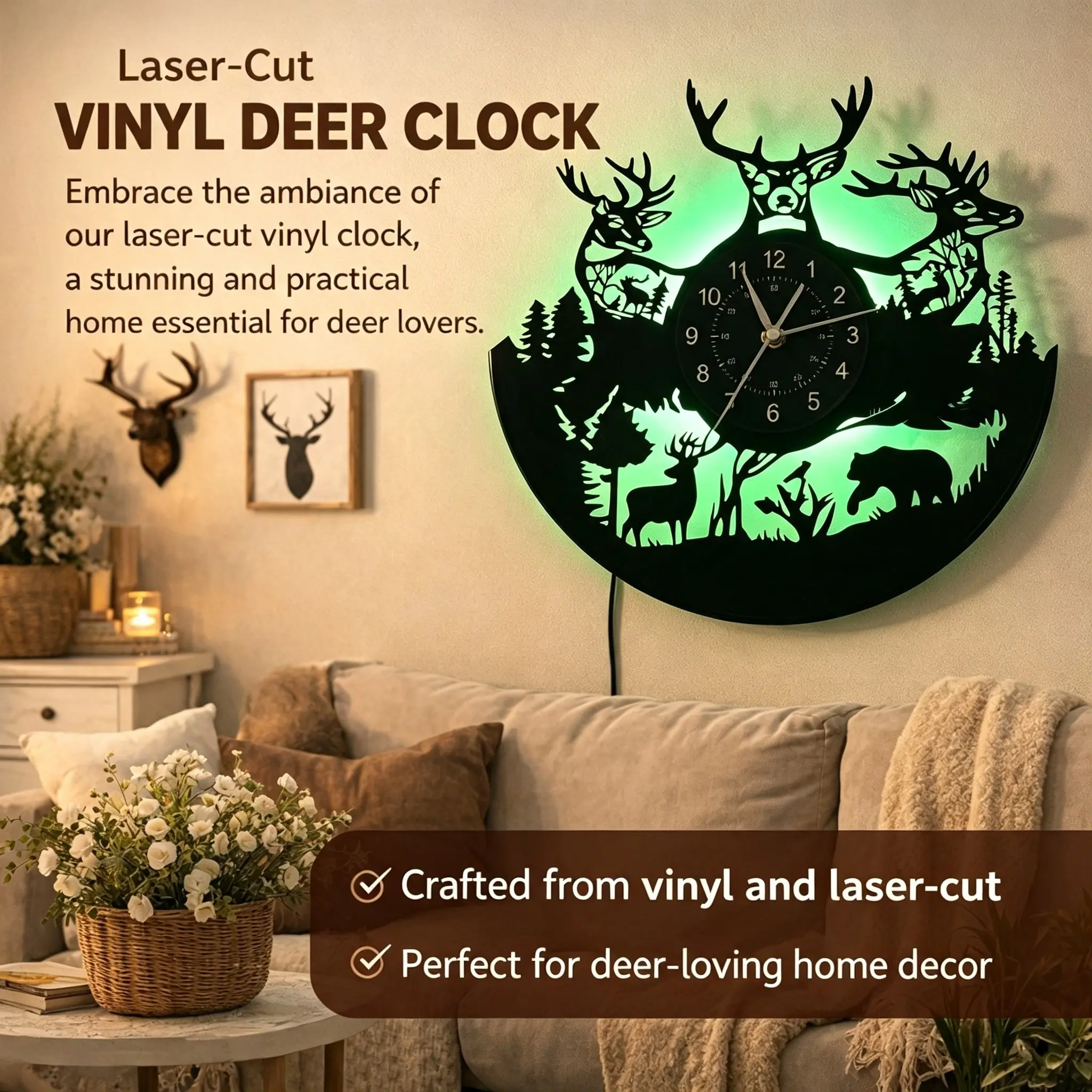 Vintage Forest Deer Vinyl Wall Clock, Christmas & Easter Themed Seven-Color LED Display, Home & Office Decor, Unique Bar Decoration