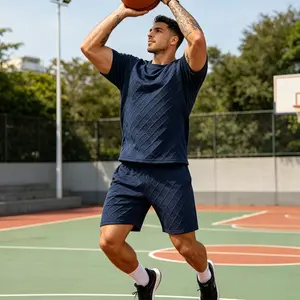 Men'S Summer Casual Sports Suit 2-Piece Texture Set Jacquard Texture Fabric Breathable Round Neck TEE T-Shirt & Shorts Formal Tropical Man Top Suits Menswear Clothes Crewneck Shortsleeve Suitable For Daily