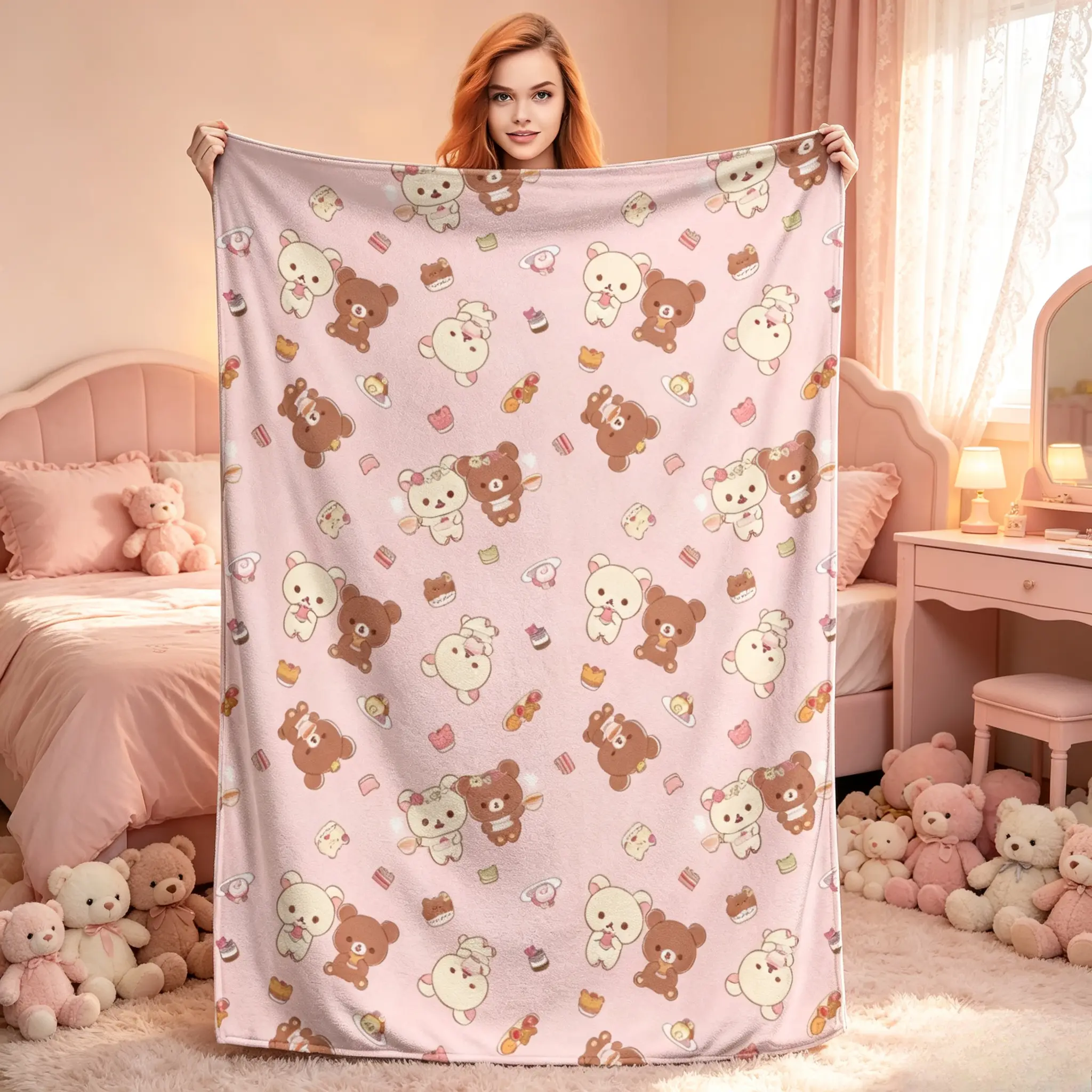 Kawaii Rilakkuma Cartoon Throw Blanket, Cute Bear Figure Print Flannel Blanket Soft Cozy Warm Blanket for Bedroom Decor, Aesthetic Girl Room Accessories, Summer AC Blanket, Cute Home Gift, Viral TikTok Finds