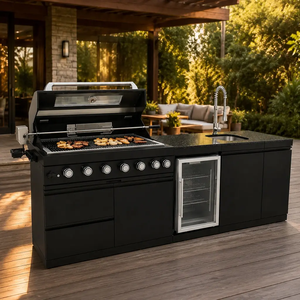 Traditional Outdoor Kitchen Island, 101-Inch Black Stainless Steel 6-Burner Gas Grill with Ceramic Burner, Refrigerator, Sink & Granite Countertops