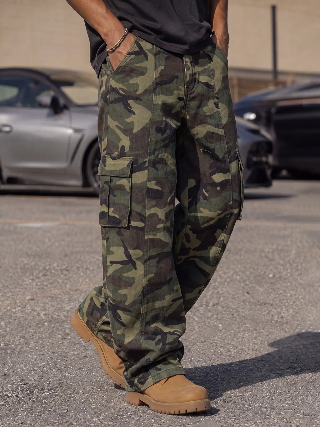 Men's Camo Loose Wide Leg Cargo Pocket Jeans, Non-Stretch Y2K Streetwear Casual All-Season Pants