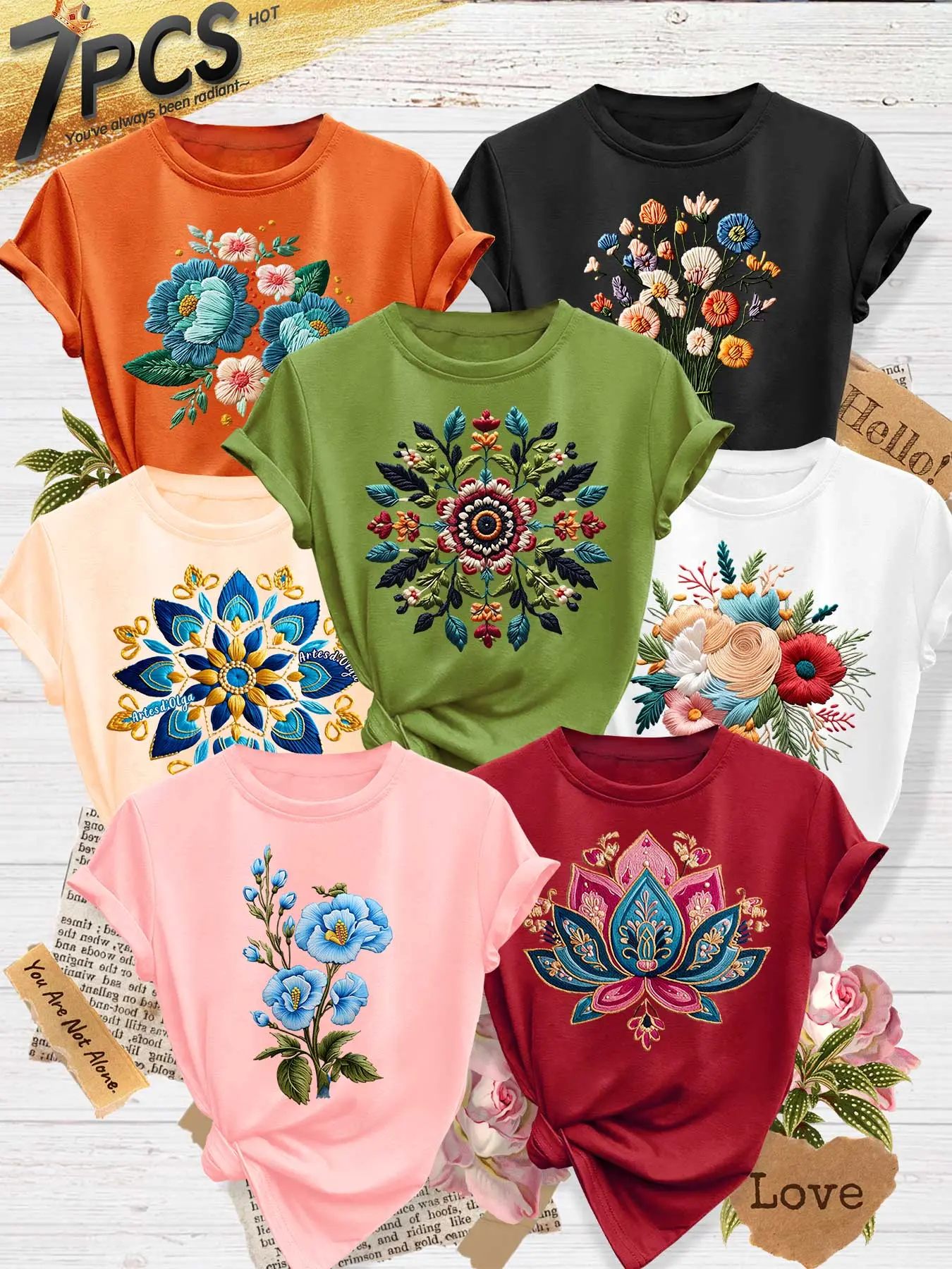 7Pcs Women Crew Casual Tee,Blue Lotus & Exotic Ethnic Floral Print,multi-color,washable,soft summer top