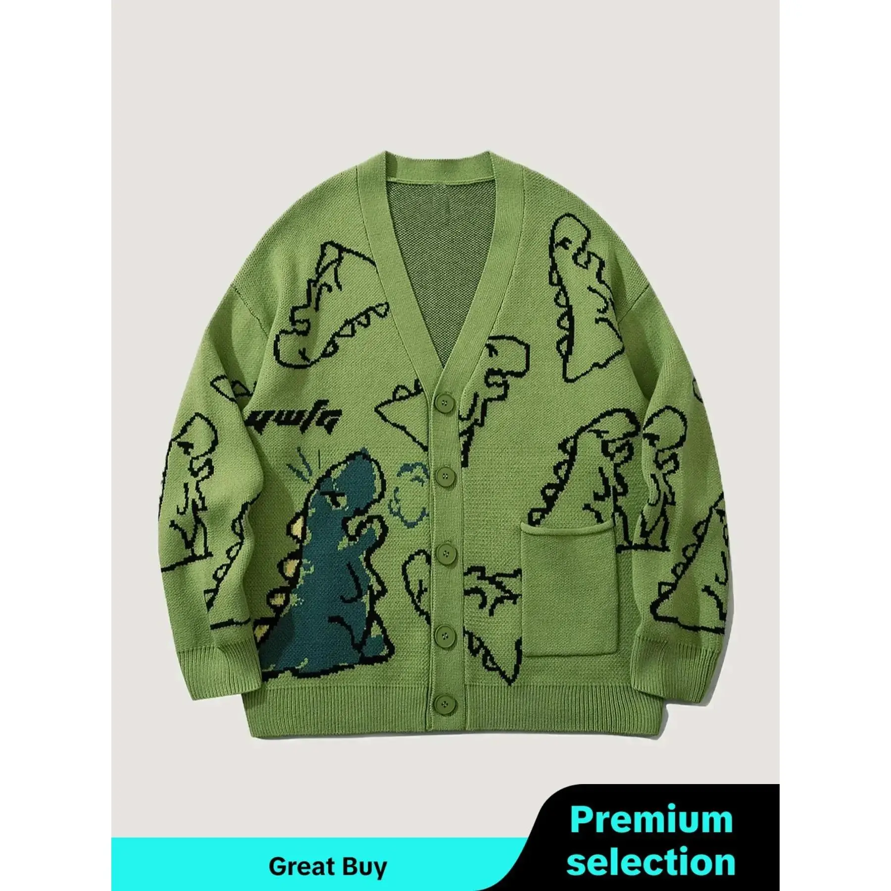 Men's Cartoon Dinosaur Print Pocket Button Front Cardigan, Loose Casual Drop Shoulder Long Sleeve V Neck Knitwear for Spring & Fall, Fashion Men's Knit Clothing for Daily Wear, Cartoon Print Sweater