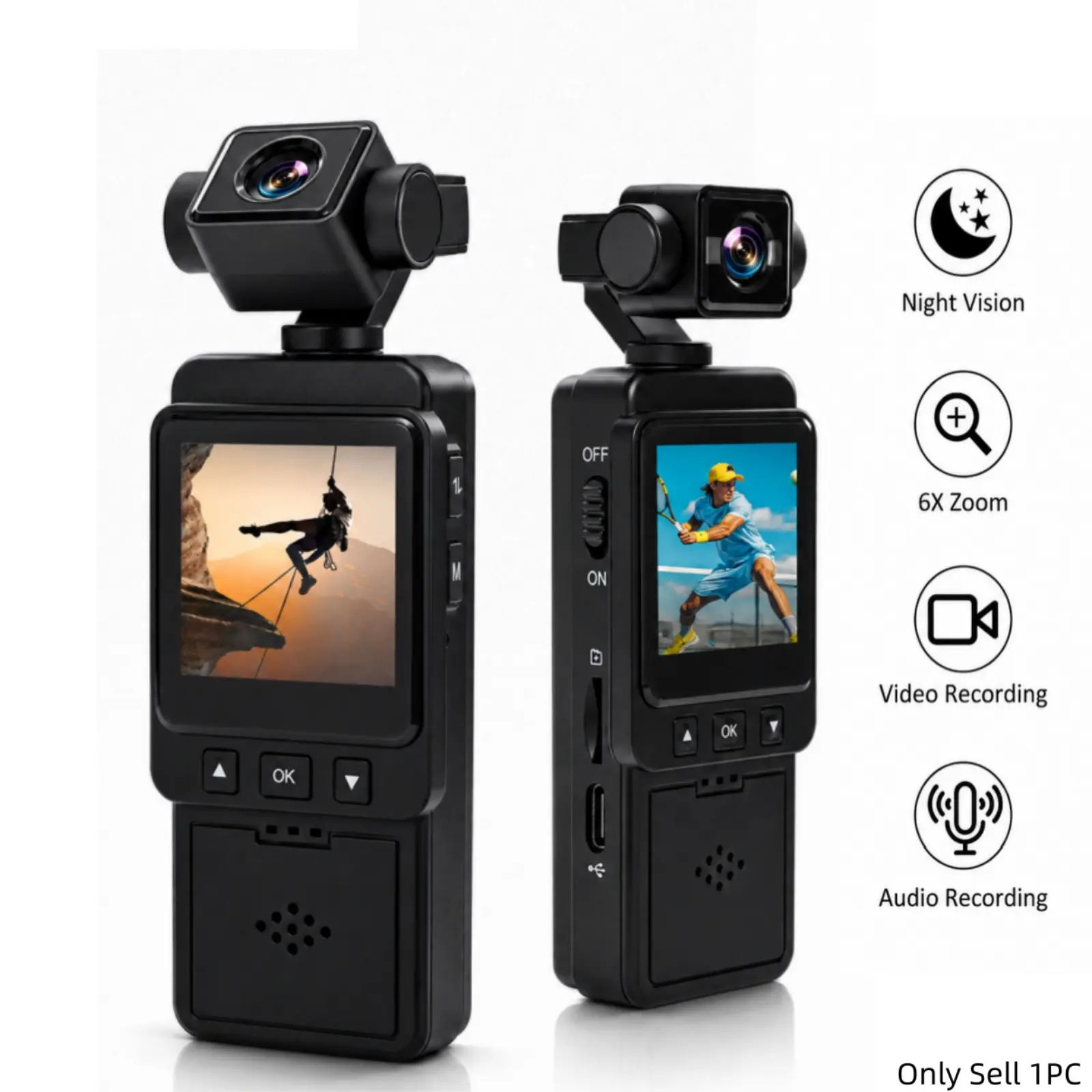 1080P Action Camera with 270° Rotating Lens, WiFi Portable Pocket Camera, 6X Digital Zoom, Color Night Vision and Wearable POV Body Cam