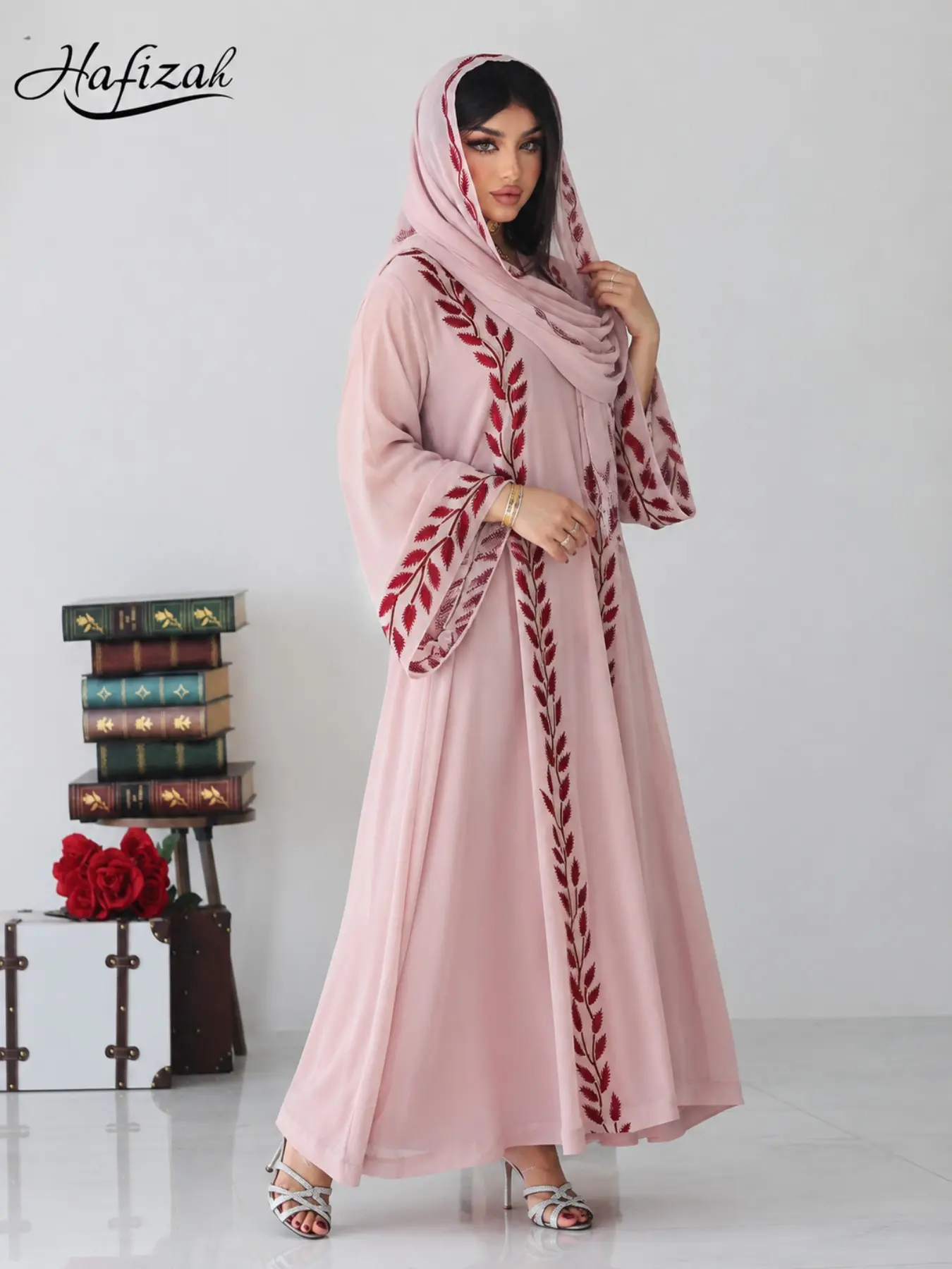 Hafizah Women's Light Embroidered Robe Dress, Leaf Pattern, Elegant Muslim Long Robe, Suitable for Eid and Ramadan