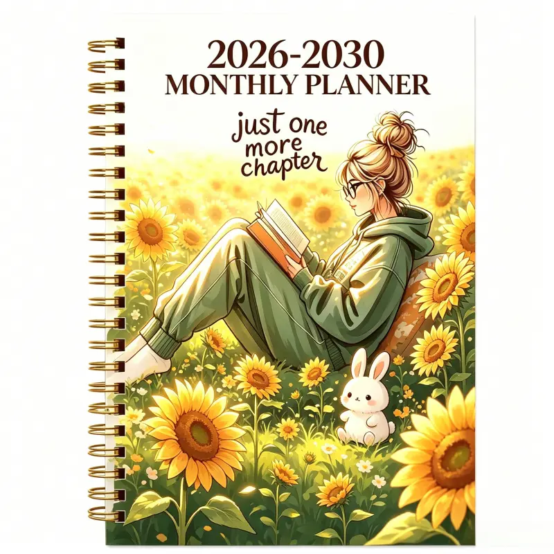 2026-2030 Monthly Planner, 5-Year Planner 5.5"X8.3" Sunflower Reading Girl Diary, for Women, with Labeled 60-Month Calendar, 142 Pages, Spiral Bound, Perfect Holiday and Back-to-School Gift