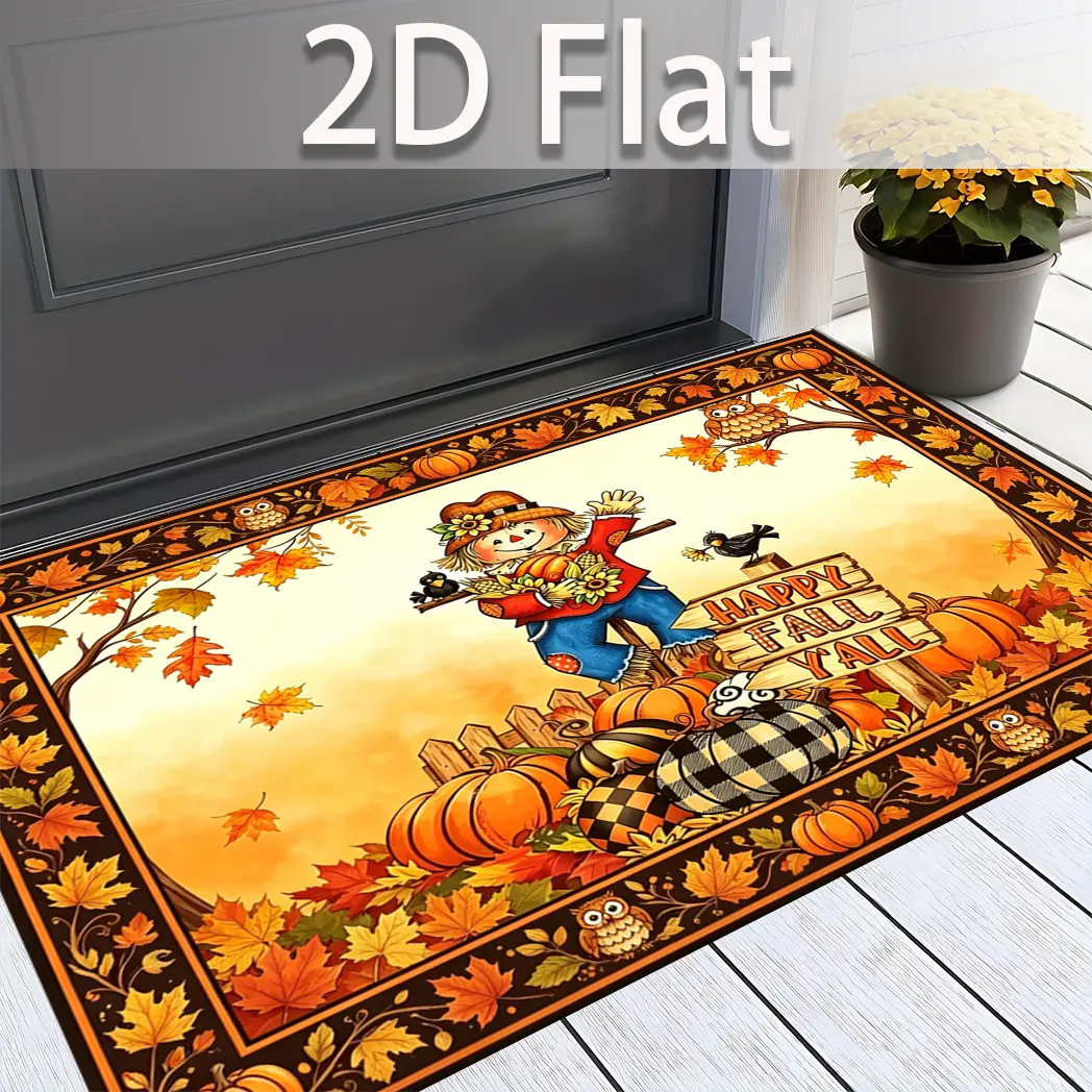 Flannel Floor Mat 2D Flat Scarecrow Happy Fall Carpet Autumn Decoration Non-slip Doormat Suitable for entryways, hallways, balconies, garages, and various other locations Outdoor Carpet Balcony Courtyard Floor Mat Summer Decoration | Autumn decorations