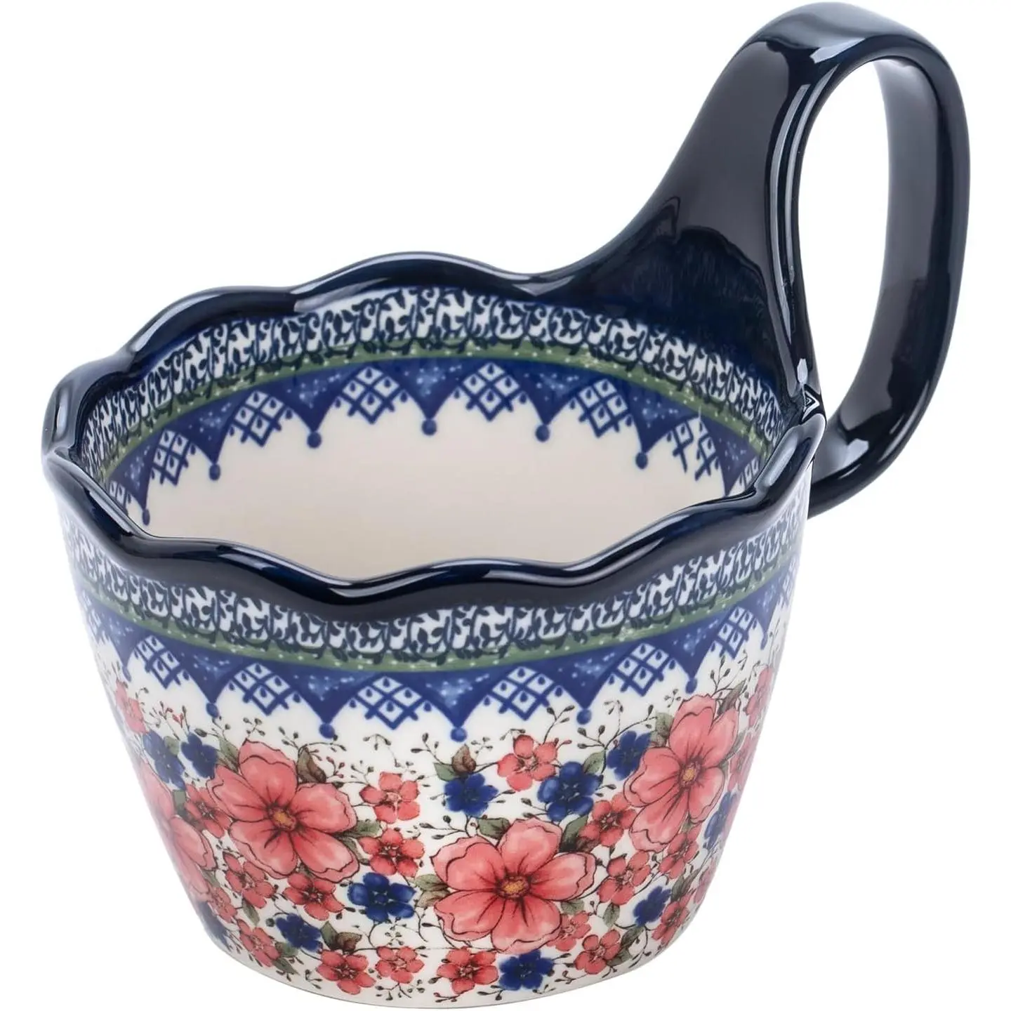 Handpainted Soup Bowl with Handle,Ceramic Cereal Bowl  for Soup, Ice cream, Fruits,Snack,Microwave &Dishwasher Safe (Snow Ink Plum )