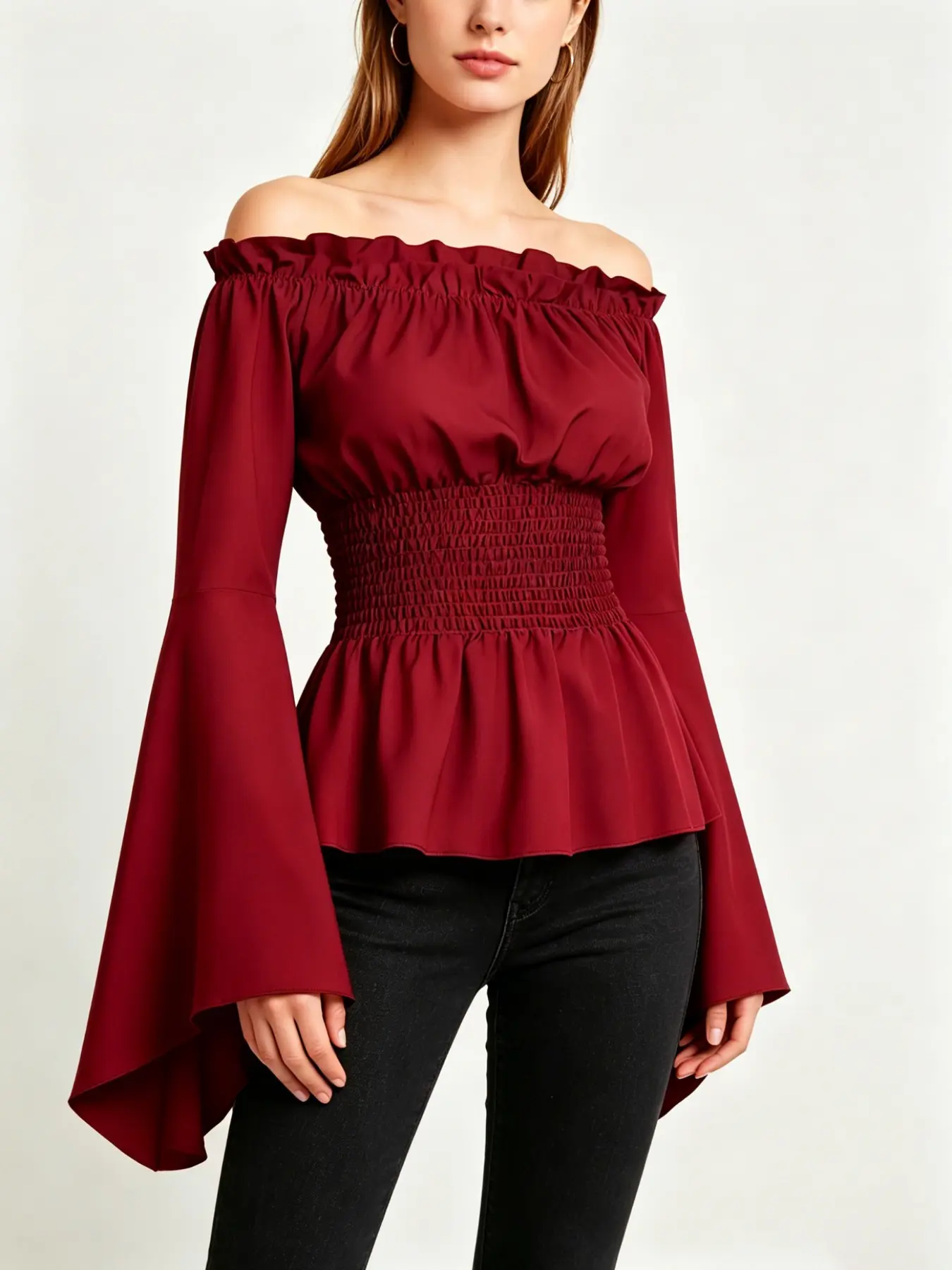 Vintage One-Shoulder Waist-Cropped Top, Fashion Renaissance Court Style, Bell Sleeve Shirt, Ruffled Neckline, Medieval Theater Pirate Costume, Blouses