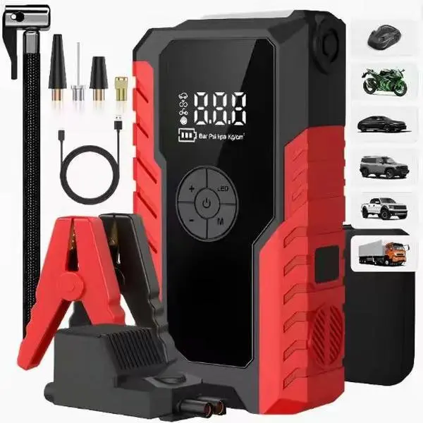 Portable 150PSI Digital Tire Inflator & Car Jump Starter for Gas/Diesel Emergency Power Pack with LCD Display & LED Light Nozzle Pressure