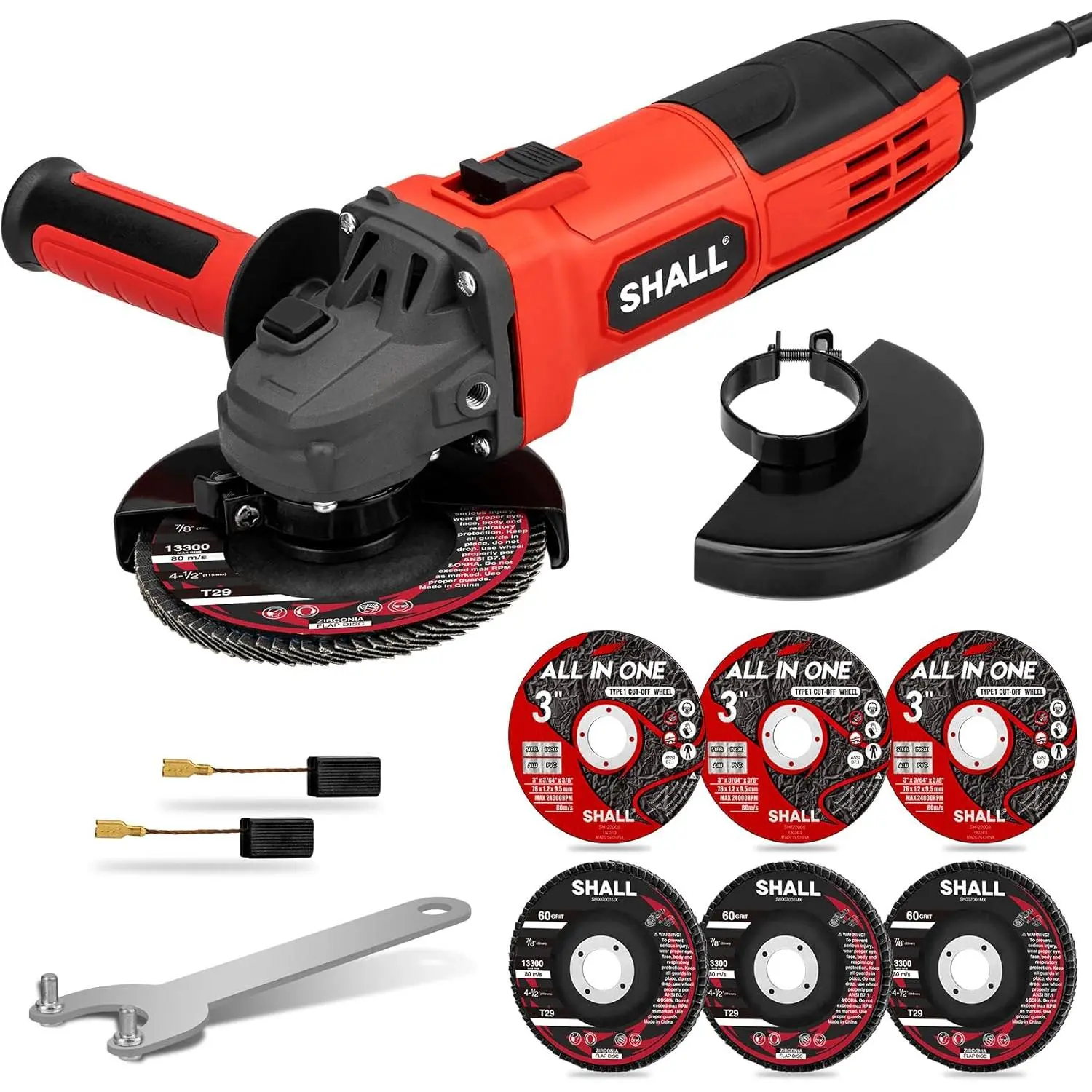 4-1/2 Inch 11000 RPM Angle 4Amp with 2 Guards, 3 Cutting Discs, 3 Grinding Wheel, Non-Slip Handle, Wrench and Carbon Brush for and Wood