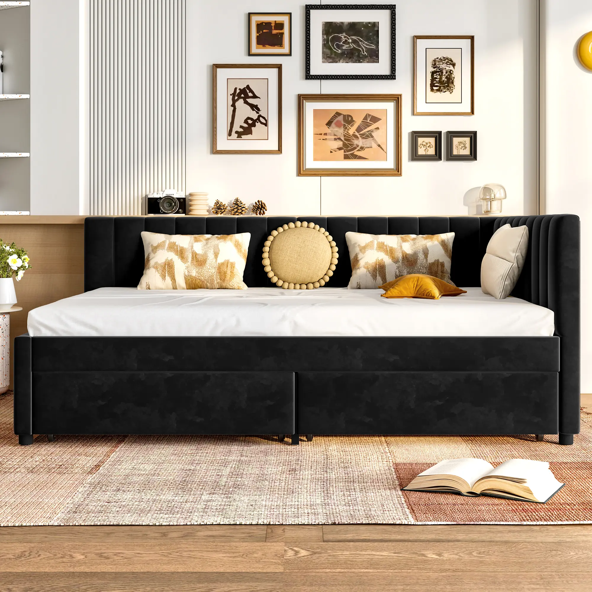 ARCH Full Size Daybed with Storage Drawers Upholstered Corner Bed L Shaped Headboard Velvet Daybed Frame for Living Room Guest Room Home Furniture, Bedroom Furniture for Bedroom, Guest Room, Kids Room, Teen Room, Dorm and Apartment