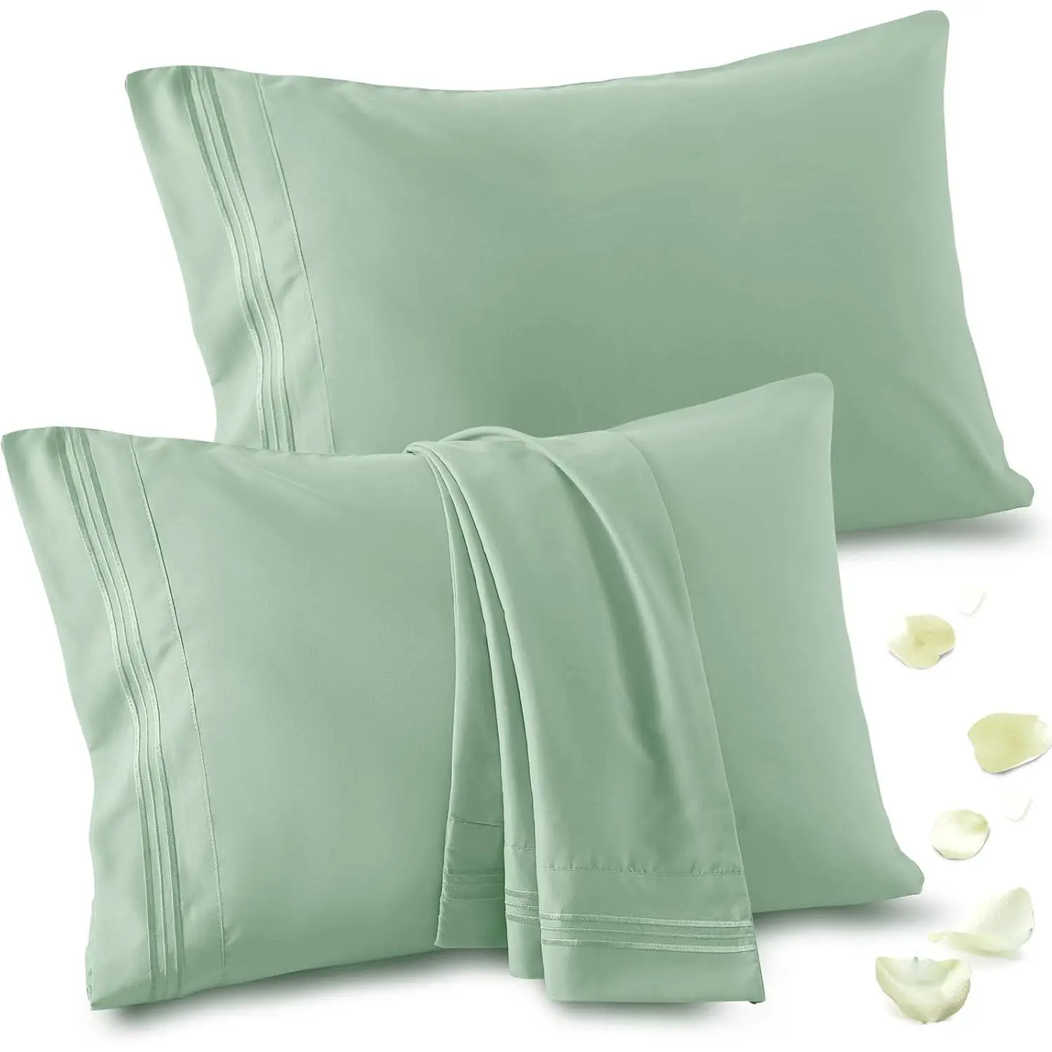 2 Pack Standard Pillow Cases - 20x26 Inch, 1800 Thread Count Microfiber Pillowcases Standard Size Sage Green Pillow Cases Luxury & Soft Embroidered Bed Pillow Covers with Envelope Closure