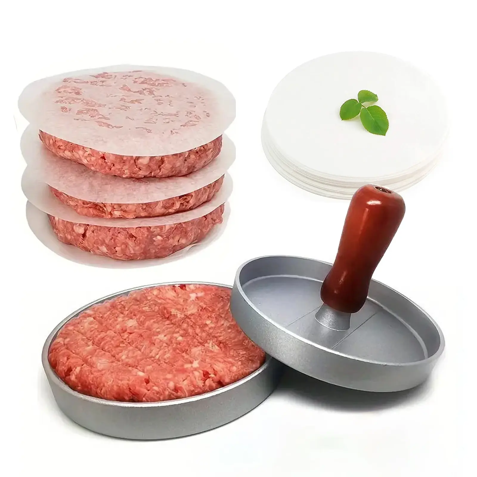 Hamburger Press Patty Maker 100 Paper, 4.5” Burger Mold Meat Shaper | Non-Stick, BPA Free, Dishwasher Safe, Juice-Locking Grooves, Wax Paper, Beef Cheese Burger for Kitchen Grill Griddle BBQ
