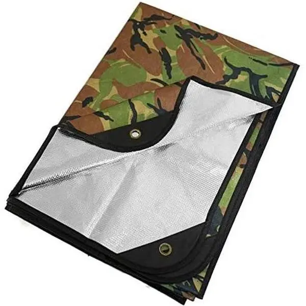 Insulated Tarp,  Heavy Duty Thermal  Blanket – 60x82in, Reflects 90%  Heat, , Windproof, 3-Layer Design, Reinforced Grommets, Woodland Camo