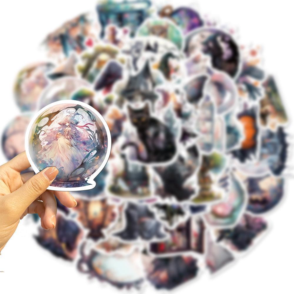 50pcs Cartoon Witch Style Series Graffiti Sticker, Children's Decorative Collage Decal, PVC Waterproof DIY Decorative Sticker For Stationery Computer Water Bottle Skateboard, Halloween