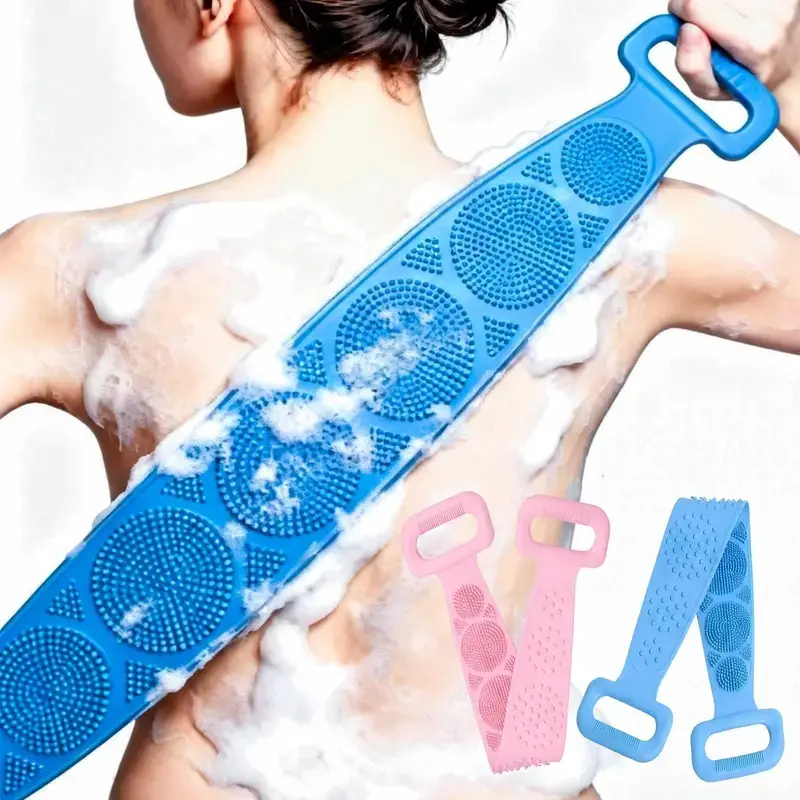 Silicone Bath Brush Set - Double-Sided Exfoliating Back Scrubber with Mesh Sponge, Soft Bristles, Long Strap, Handles, Hangable Cleaning Personal Shower Accessories