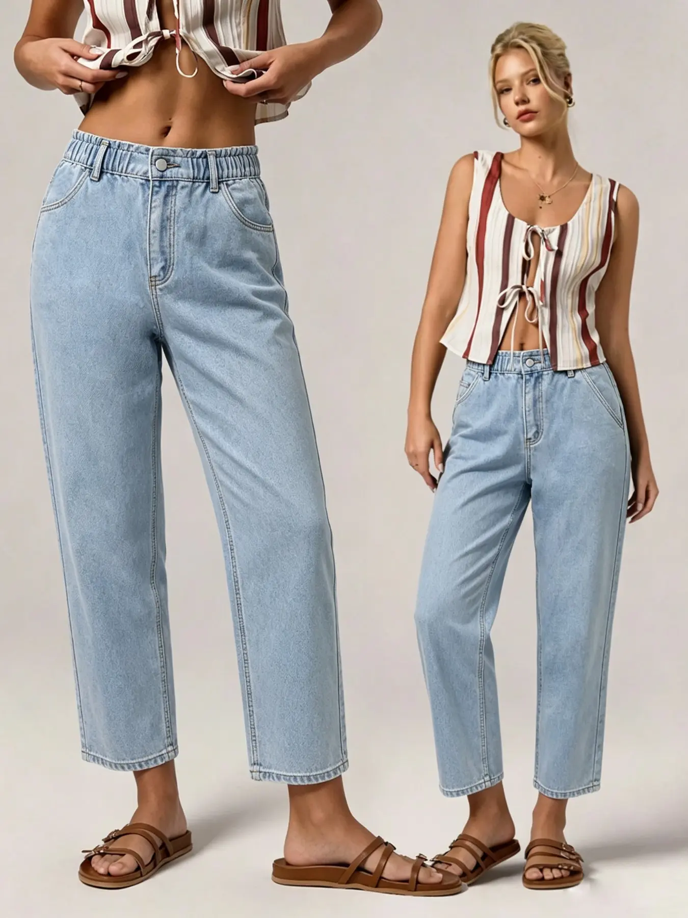 Women's Lightweight Denim Jeans, High Waist Elastic Drawstring Waist with Pockets, Comfortable Casual Long Pants, Ideal for Commute, Work, Vacation