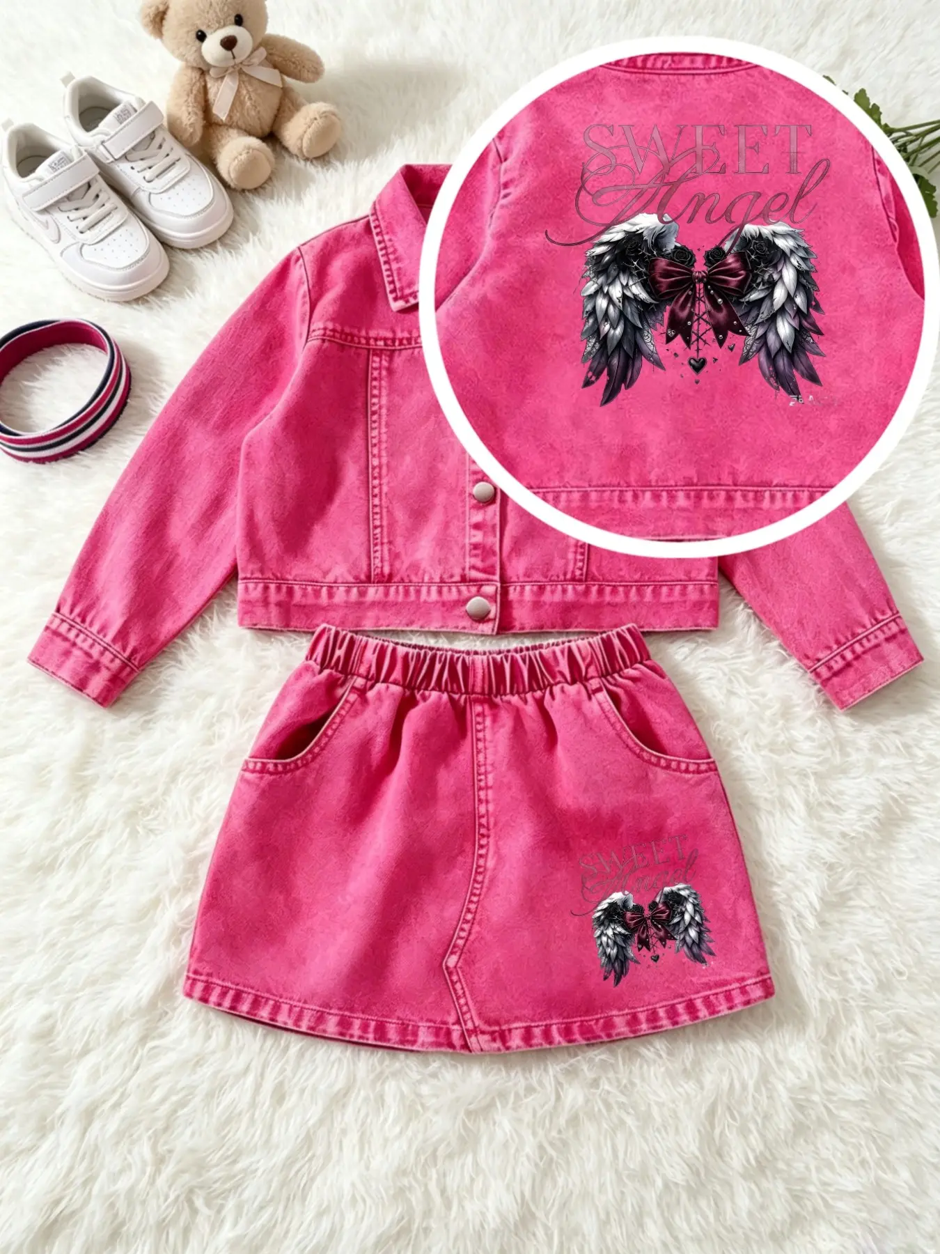 New Arrival Girls' Washed Rose Denim Set, Crystal Print Short Jacket, Elastic Waist A-Line Skirt, Mother-Daughter Soft Style Two-Piece Set