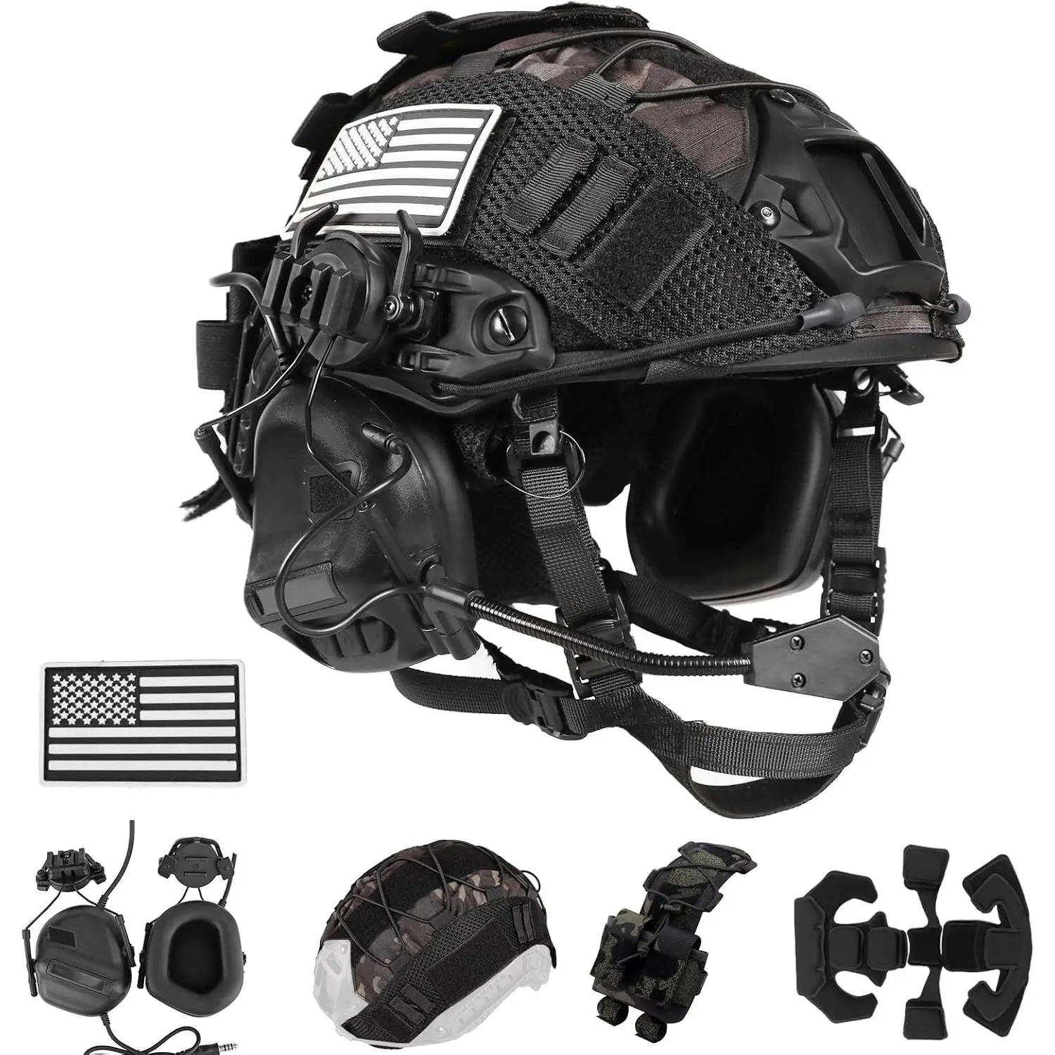 4-in-1 Tactical Helmet Set with Headset, Upgraded Adjustable Base, and Helmet Cover for Airsoft CS Outdoor Tactical Sports