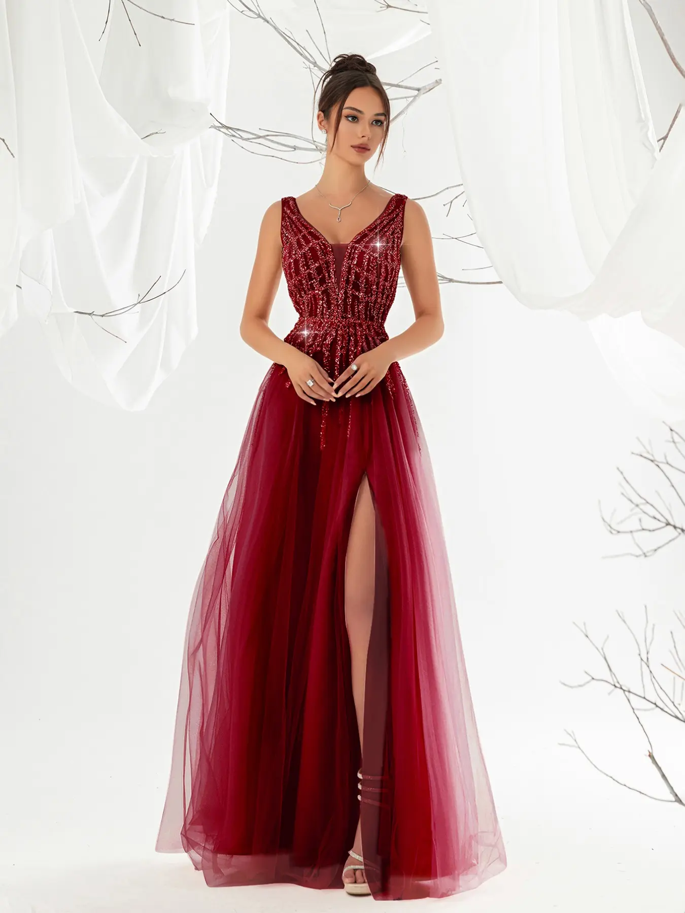 Elegant Long Maxi Evening Glam Gown for Women, V-Neck High Slit Sequin Mesh Dress, Luxurious Party Dress, Formal Wedding Guest Dress, Formal Wear