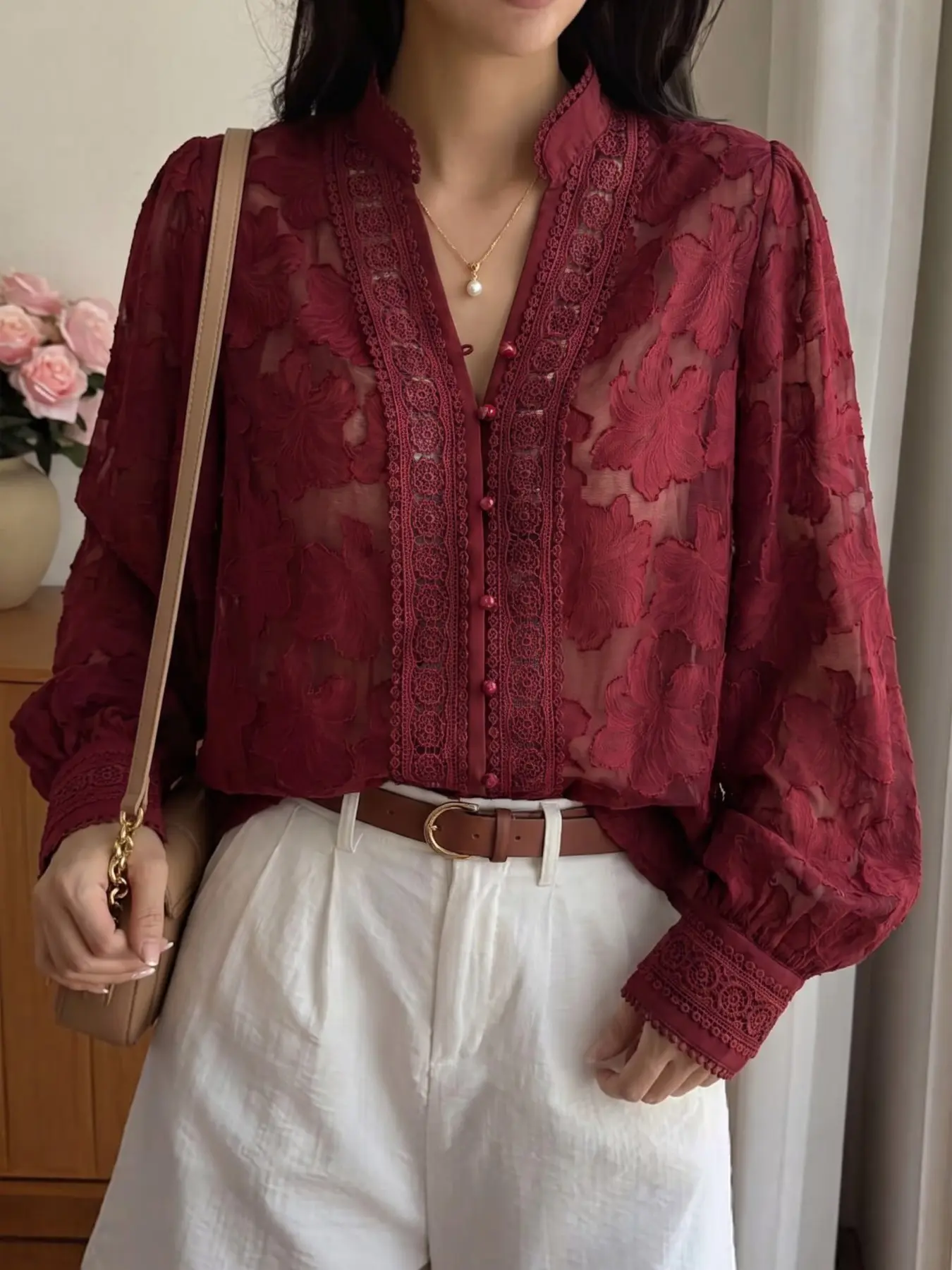 Women's Elegant Patchwork Sheer Jacquard Collar Blouse Top, Stylish Women's Long Sleeve Shirt, Perfect for Casual & Formal Wear, Unique Design
