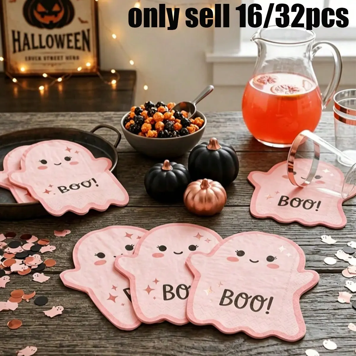 32/16 Ghost Napkins, Halloween Ghost Design Disposable Paper Napkins, Cute Halloween Party Decor Cocktail Napkins