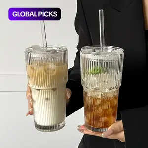 Large-Capacity Striped Glass Tumbler with Lid, Reusable Cold-Drink Cup for Juice or Coffee, Hand-Wash-Only Drinkware for Home, Office, Celebrations & Gift