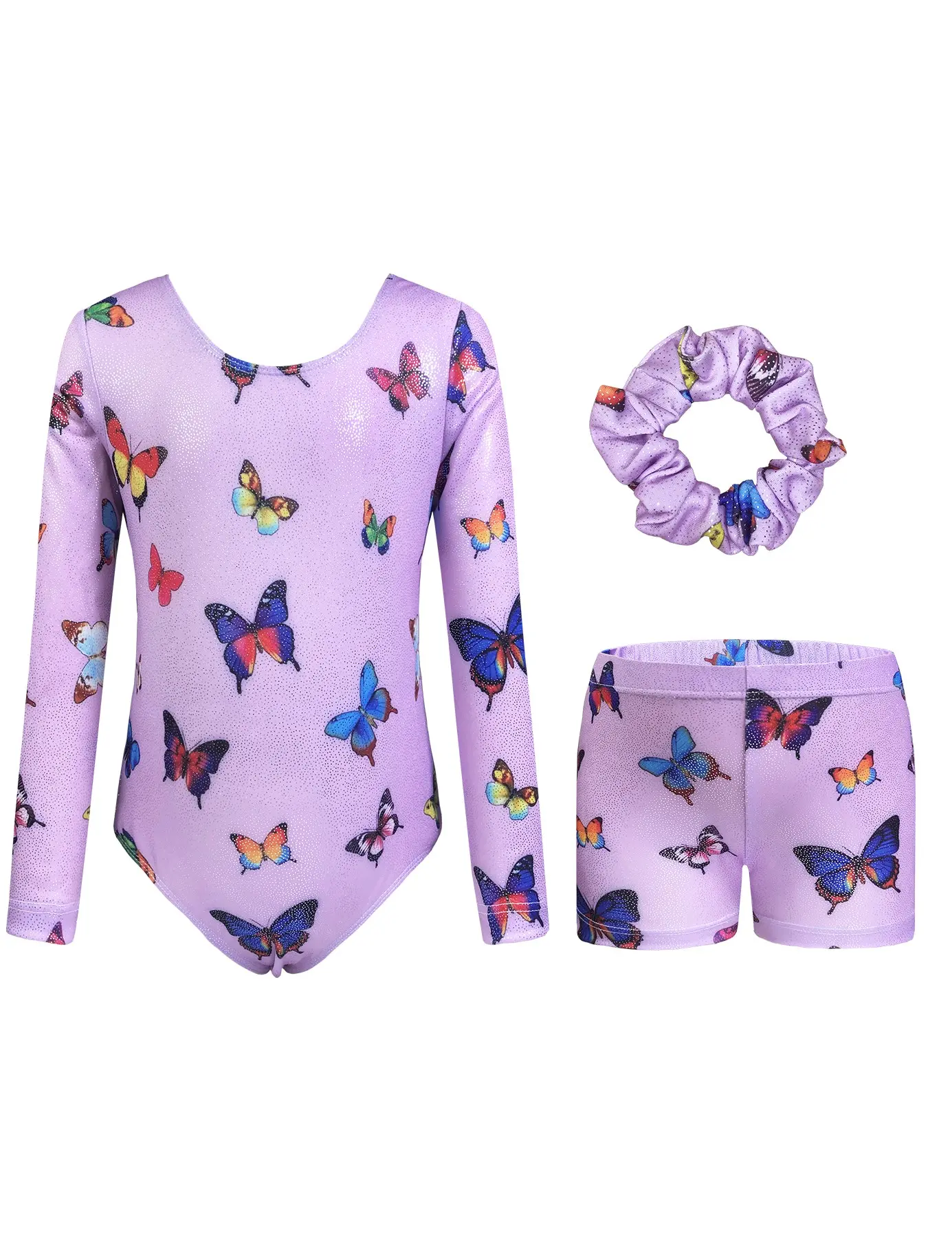 Girls Gymnastics Leotard Set, Long Sleeve Round Neck, Butterfly Print, Dance Workout, Elastic Fit, Wearable, Three-Piece Set, Athletic Set