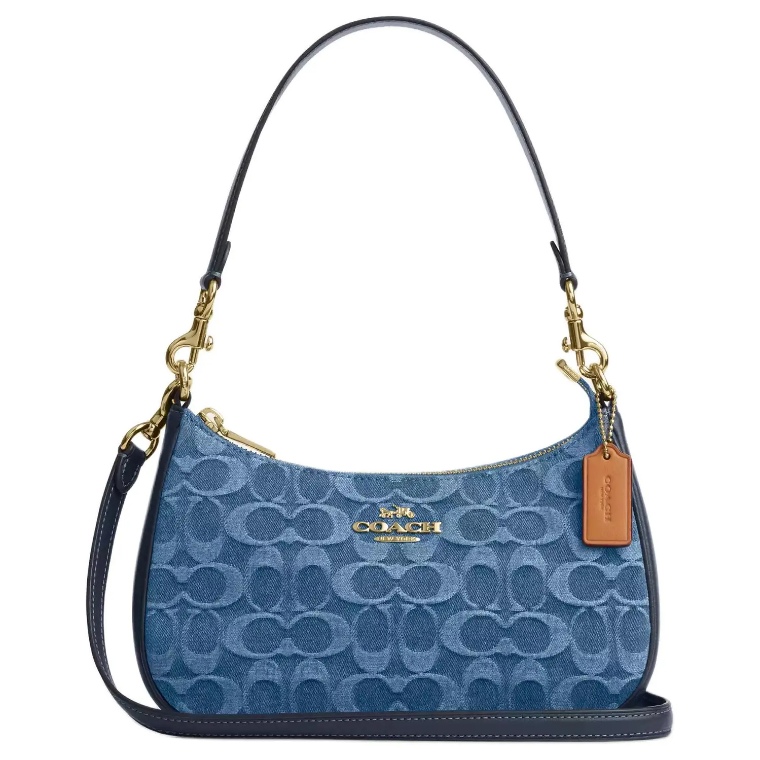 COACH Teri 24 Crossbody Handbag for Women – Jacquard Design with Metal Hardware, Denim and Vachetta Leather, Medium Blue