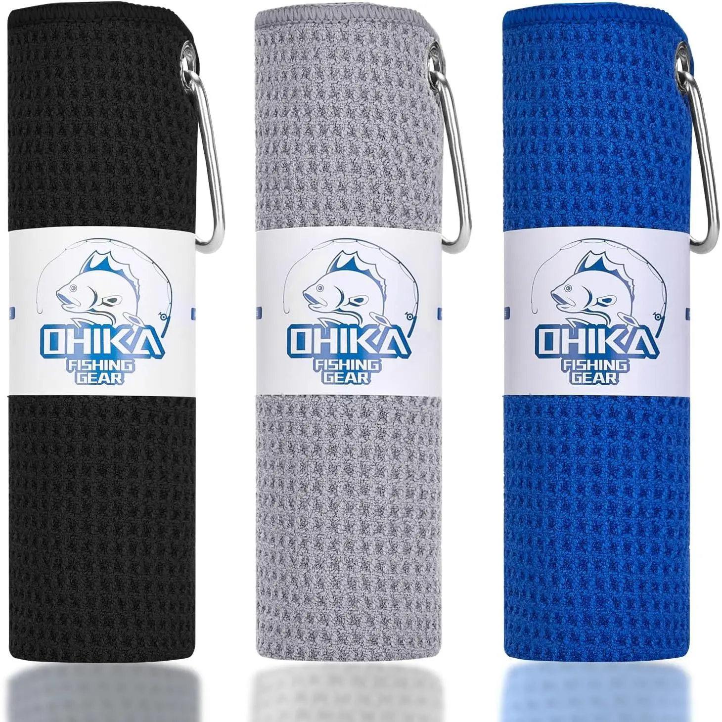 Microfiber Fishing Towels with Clip, Waffle Pattern  Effective Cleaning of Fishing Gears or Dirty Hands, 16" x 16", Camping Towels, Hiking Towels, Pack of 3 (Black/Grey/Blue)