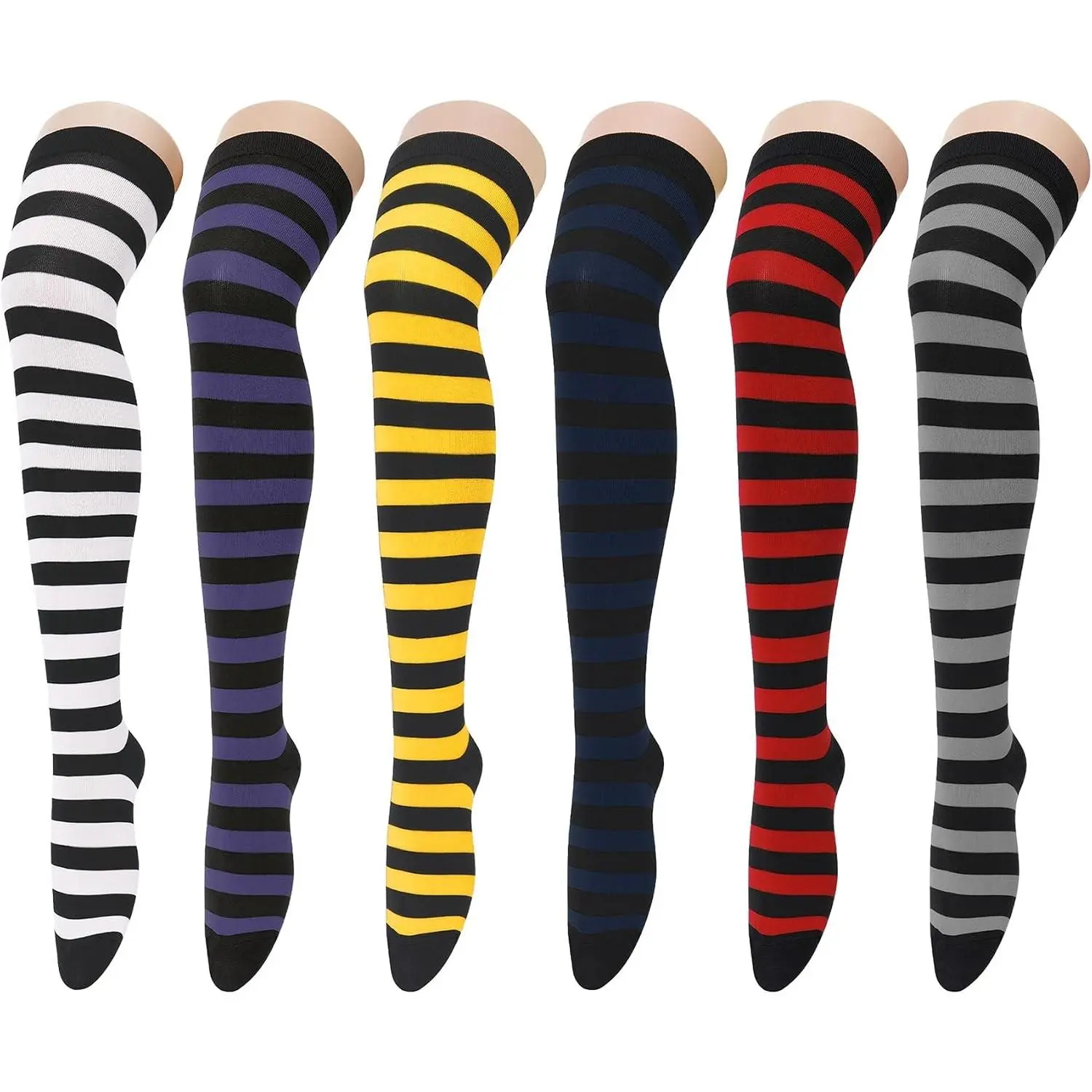 Women's 6-Pack Cotton Thigh High Over Knee Stockings - Striped Boot Socks, Leg Warmers for Daily, Sports, Halloween Costumes, Skirts, Uniform Use, Short