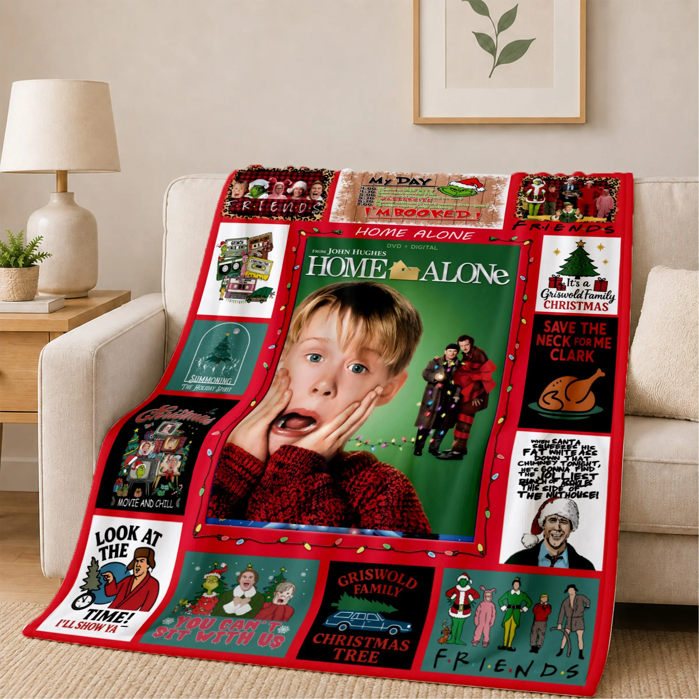 Classic Holiday Movie Night Fleece Blanket, Retro Christmas Movie Collage Pattern, Cozy Festive Living Room Decor, Unique Christmas Gift