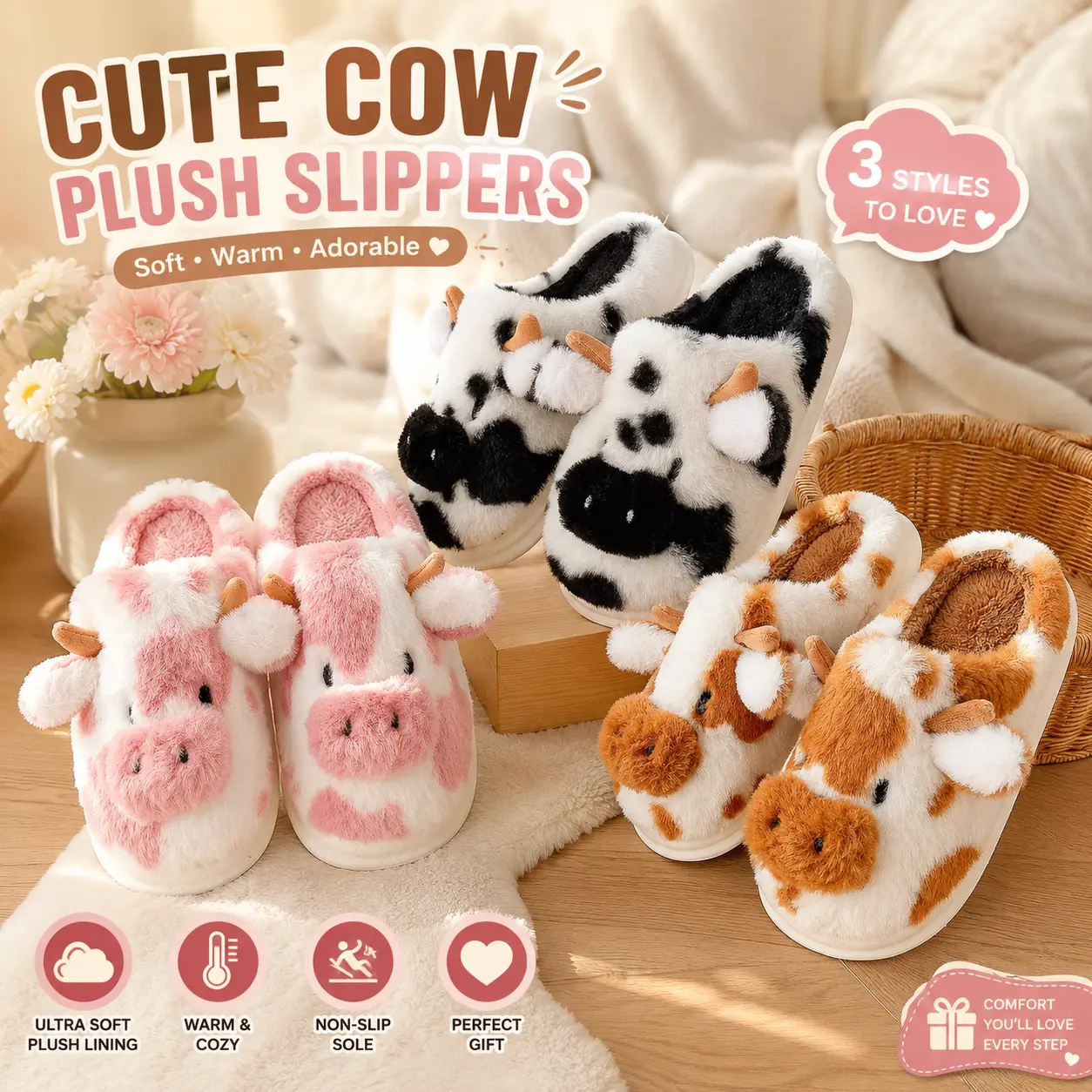Women's Cute Cow Fuzzy Plush Slide Sandals, Soft Warm Non-Slip Indoor Winter House Footwear, Pink Shoe for Indoor Wear