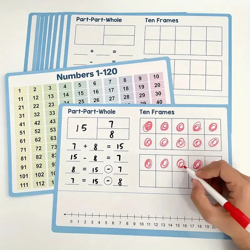 10 Piece Math Manipulatives Set for K-2 Grade (5-8 Years), Dual-Sided Dry Erase Board 1-120, Ten Frames, Number Line, Counting Practice