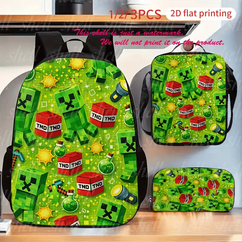 Minecraft Game Theme 3-Piece Oxford Schoolbag Set - Compact, Waterproof, Playful Schoolbags & Backpacks with Creeper TNT Block Vibrant Green Pattern, Adjustable Straps, Side Pockets, Ideal for Daily School Commutes, Casual Outdoor Adventures