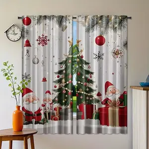 2-Piece Christmas Tree and Santa Claus Pattern Curtains, Light Filtering, Living Room Bedroom Kitchen Decor, Privacy Protection, Semi-Transparent Rod Pocket Design