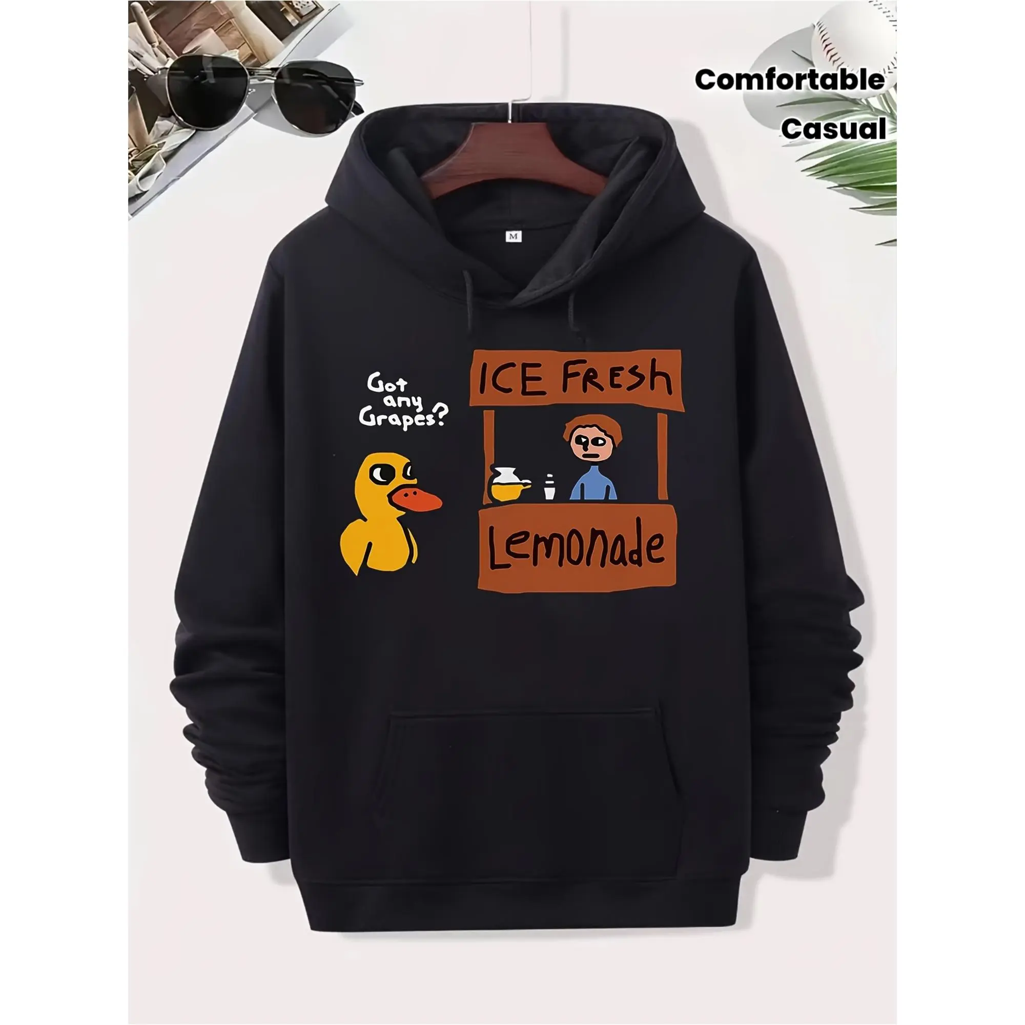 Cartoon Hoodie With Humorous Duck And Lemon Soda Print, Casual Street‑style Comfortable Long‑sleeve Pullover With Kangaroo Pocket, Black Base With Colorful Patterns, Casual‑wear Hoodie, Optimistic‑themed Print Hoodie, Glossy‑textured Hoodie