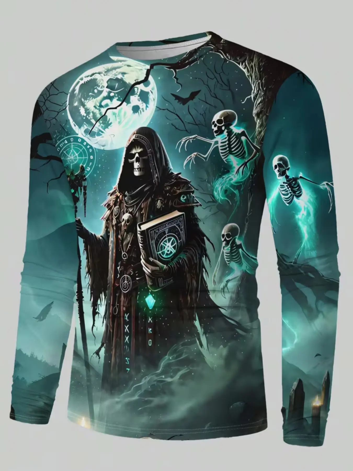 2026 New Men's Long Sleeve T-Shirt, Polyester Loose Fit Casual Top, Skull Print Dark Wizard Pattern, All Seasons Comfort
