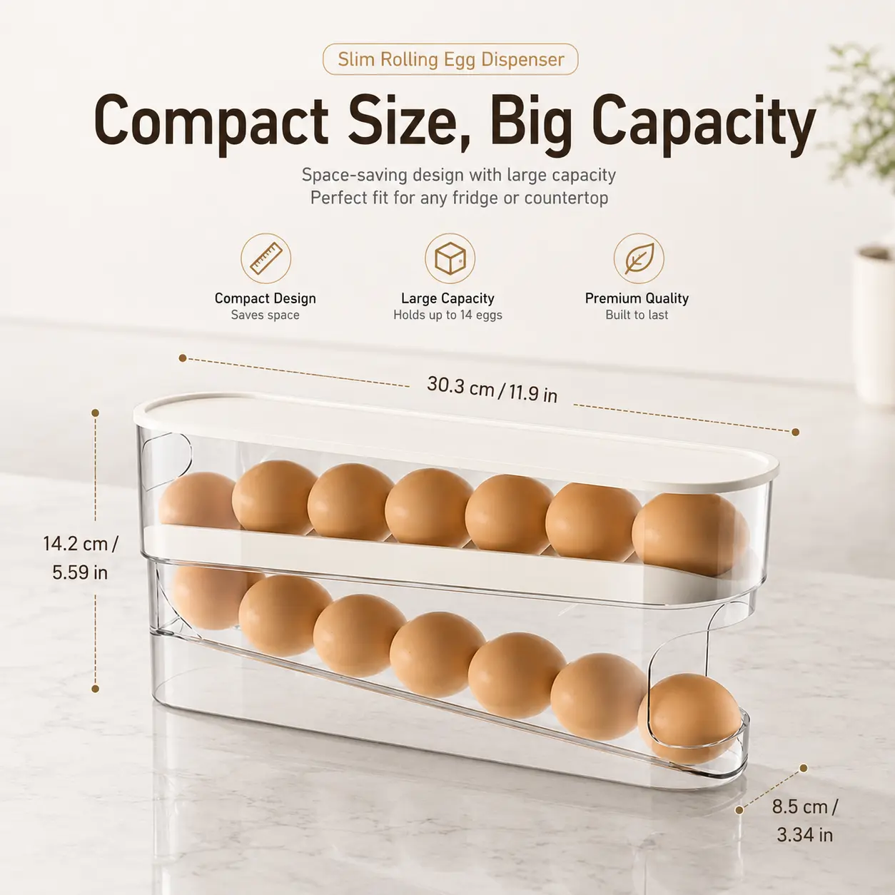 14-Egg Rolling Egg Holder for Refrigerator, Space Saving Clear Egg Organizer Bin with Auto Rolling Dispenser, BPA-Free Covered Fridge Storage Container