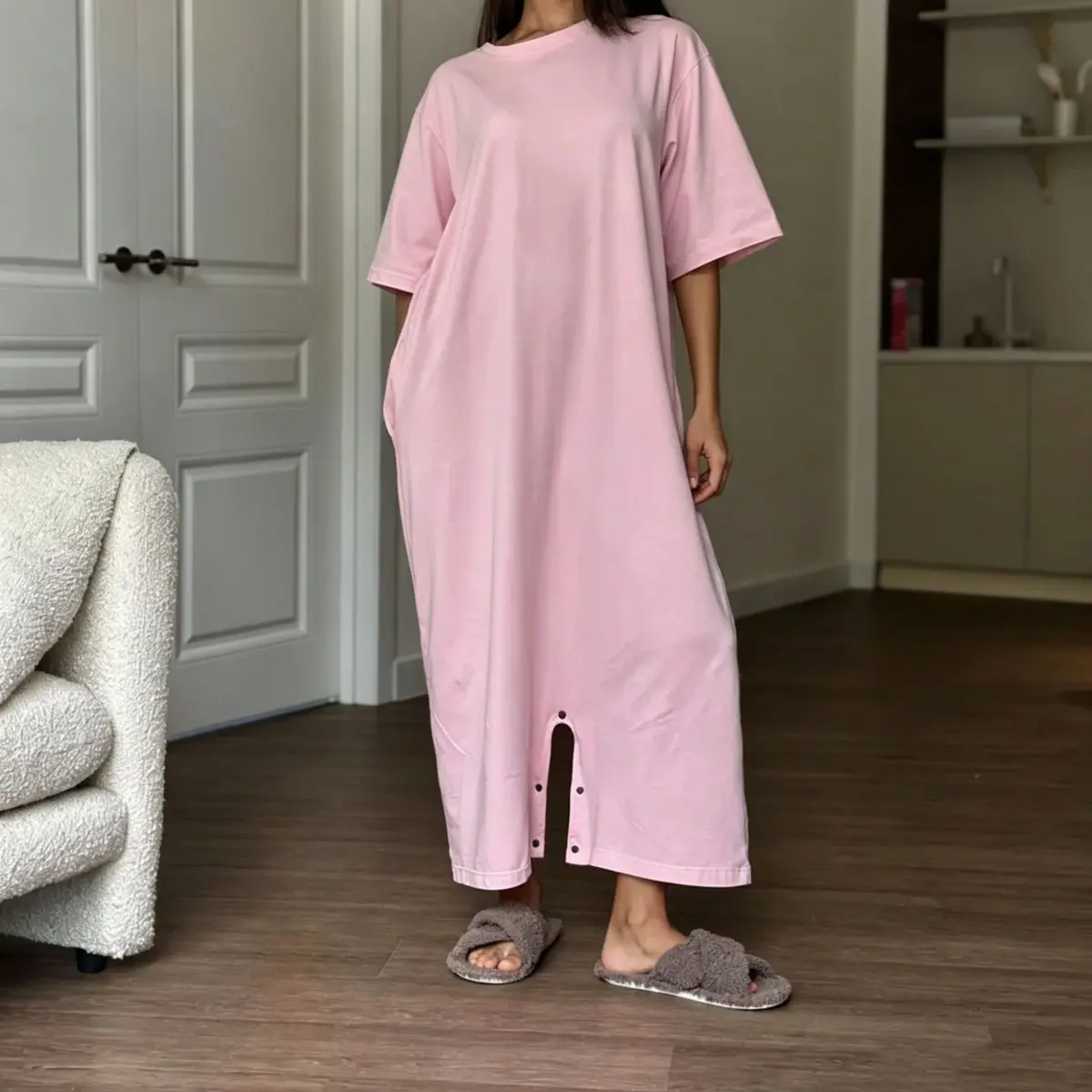 Women's Oversized Nightgown with Snap Crotch, Short Sleeve One Piece Sleep Shirt, Soft Casual Loungewear with Side Pockets