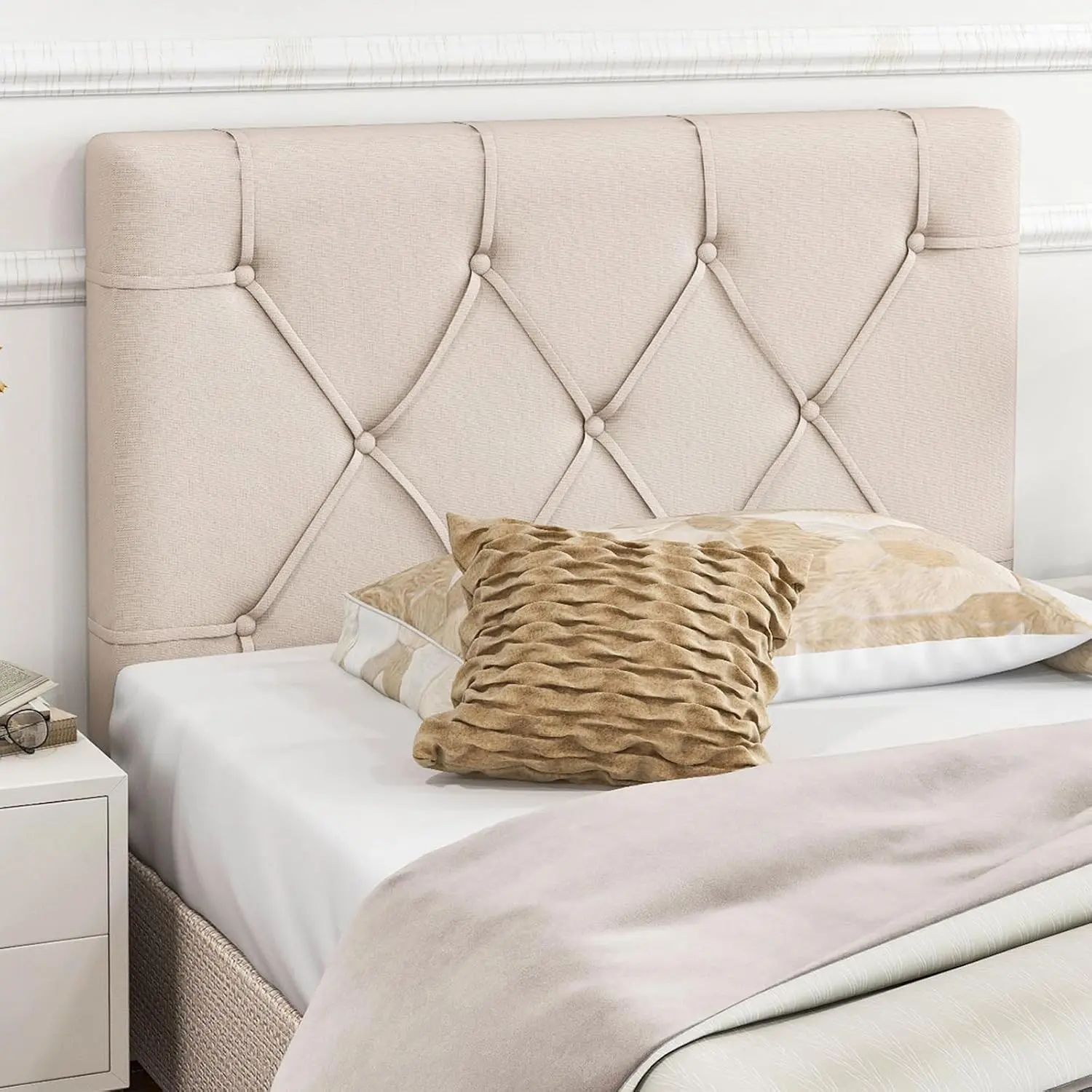 Upholstered Headboard for Twin/Twin XL Size Bed, Wall Mounted Twin Headboard Only, Modern Button Tufted Headboard for Dorm Bedroom, Attachment Device Included, Dorm Headboard, Beige