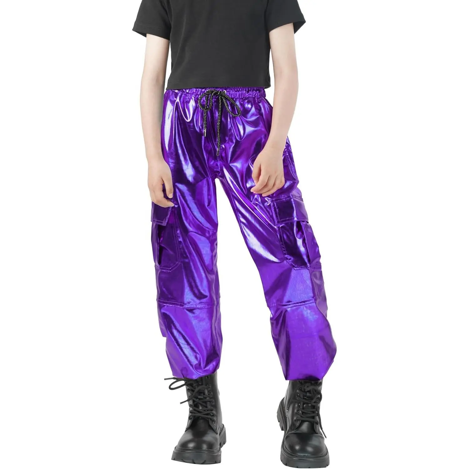 Women's Sequin Cargo Pants - Metallic High-Waisted, Multi-Pocket, Glitter Bottoms, Comfortable Fit Hip Hop Dance Costume Joggers
