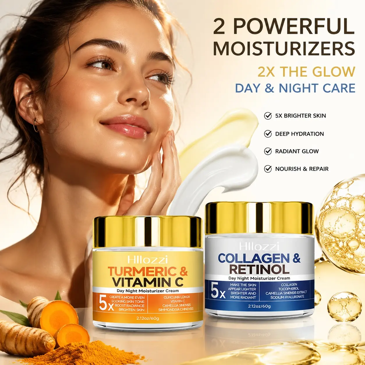 2-Piece Day & Night Hydrating Face Cream Set, Turmeric Vitamin C + Collagen Retinol, Moisturizing Brightening Skincare, Unisex