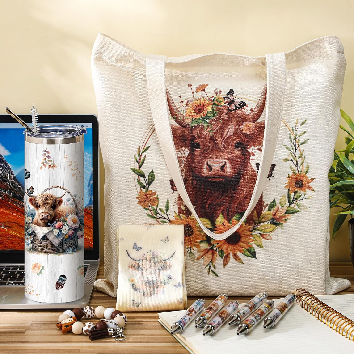 5 count Highland Cow Gifts Set for Women Cow Lovers 20 oz Highland Cow Tumbler Cow Floral Canvas Bag Cow Pen Socks   for Mom Sister Cow Lover Christmas Gifts