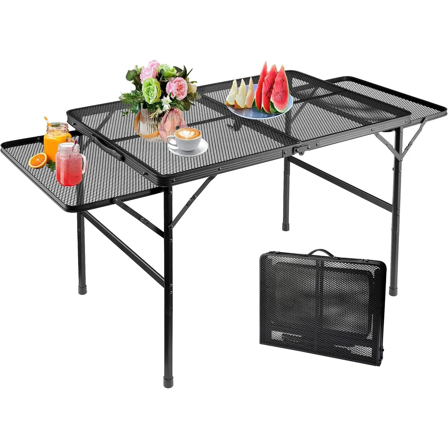 Large Folding Camping Table - Metal Mesh Grill Table with 2 Wing Panels | 2 Adjustable Heights | Large Picnic & Outdoor Table | Expandable Shelves, Lightweight (4.4 FT, Black)