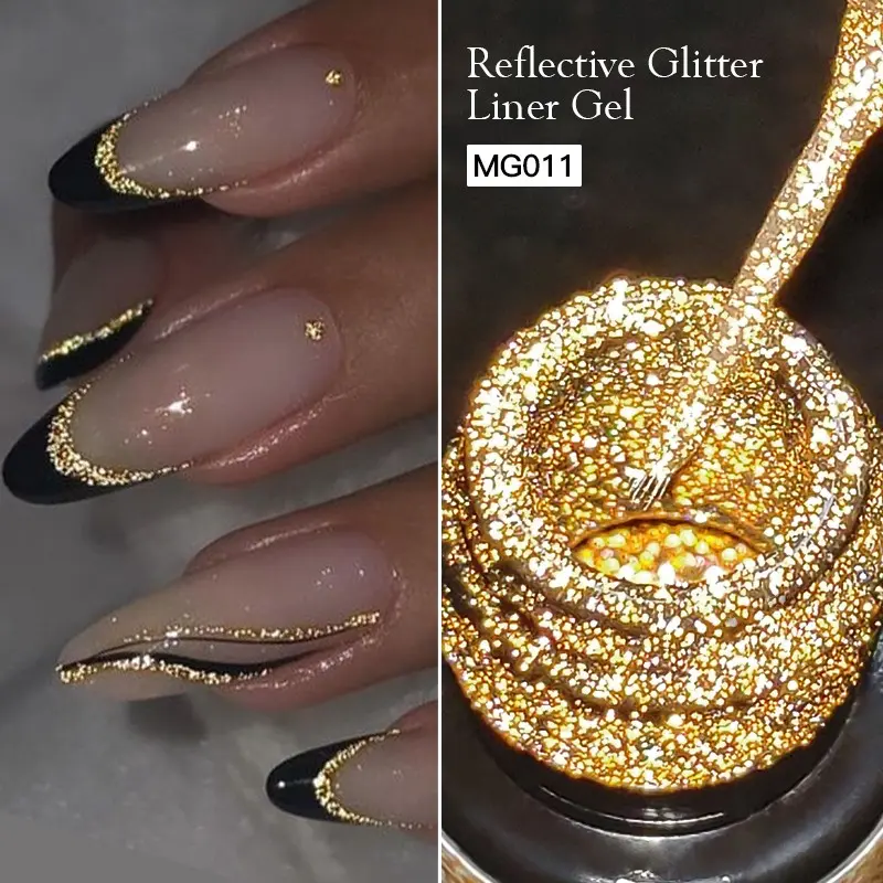 MSRUIOO 5ml Champagne Golden Reflective Glitter Liner Gel Nail Polish,  2 in 1 Ultra-fine Brush Head, Glow-in-dark Sparkling French Style Ultra-Shiny Rhinestone Pull Line Gel Semi Permanent UV Gel for Art Stripe Nail Design Manicure, Nail Art Products