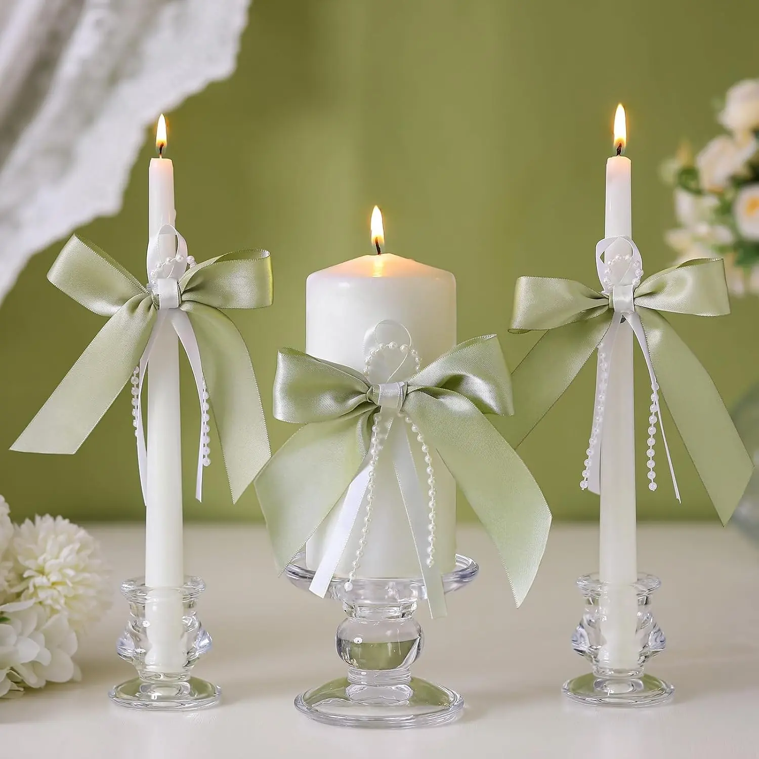 3 Pcs Unity Candles for Wedding with Satin Bow and Glass Candle Holder Coquette Unity Pillar and Taper Candles Set Wedding Ceremony Reception Decor for Formal Events Church(Sage Green)